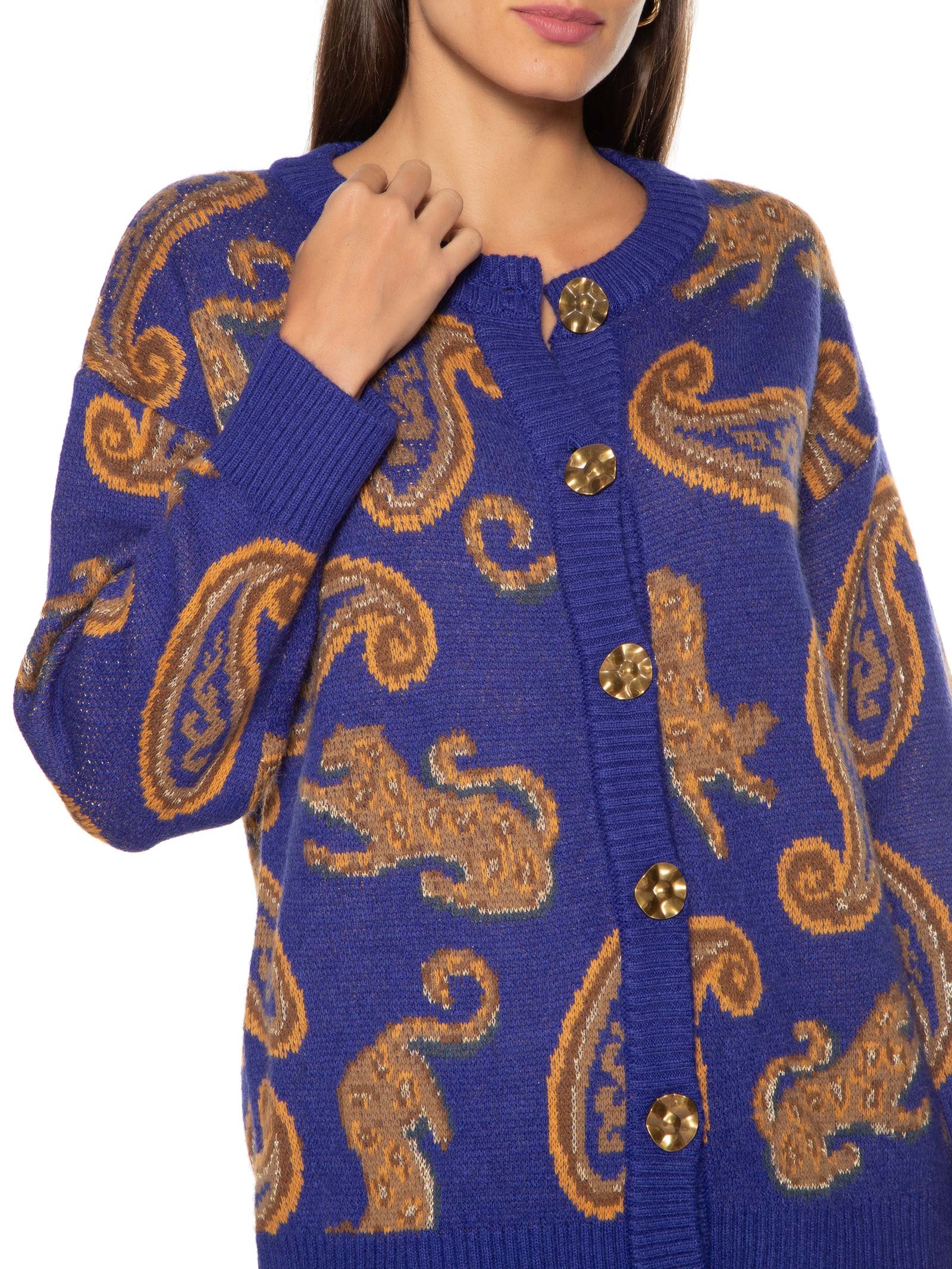服/ファッション CRYSTAL CARTER Farm - Cardigan Feminino Jacquard Onça de Ouro - Azul