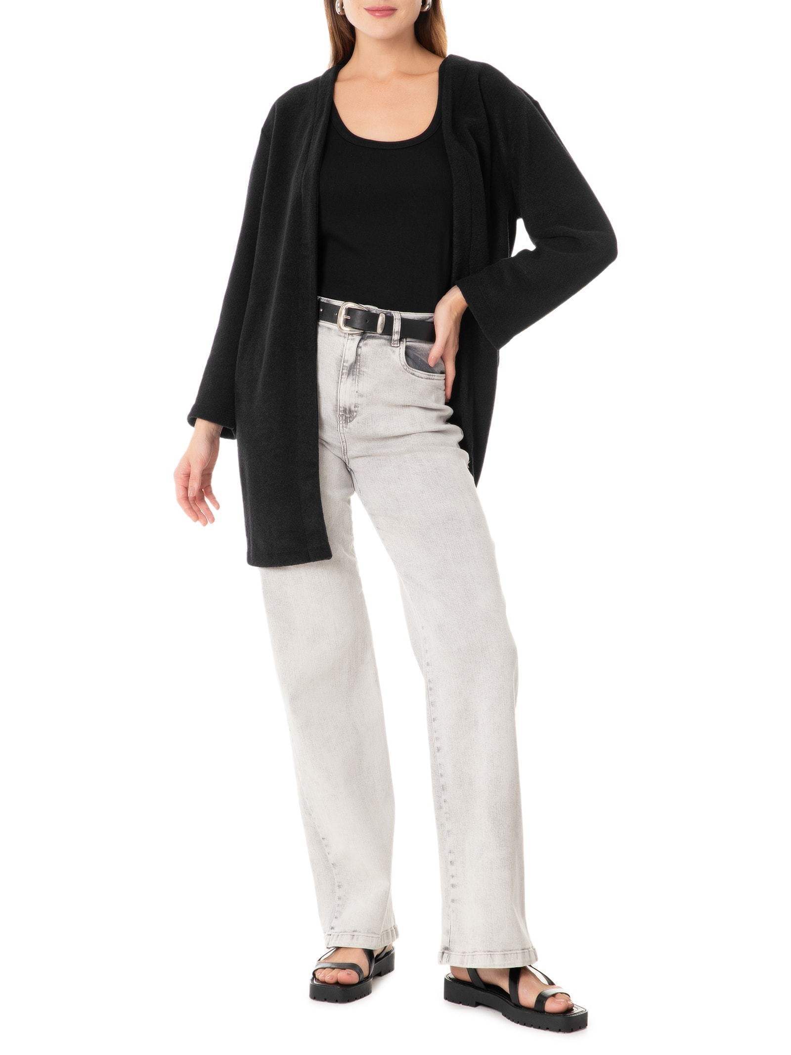 Cardigan Feminino Malha Boucle Preto Cantão