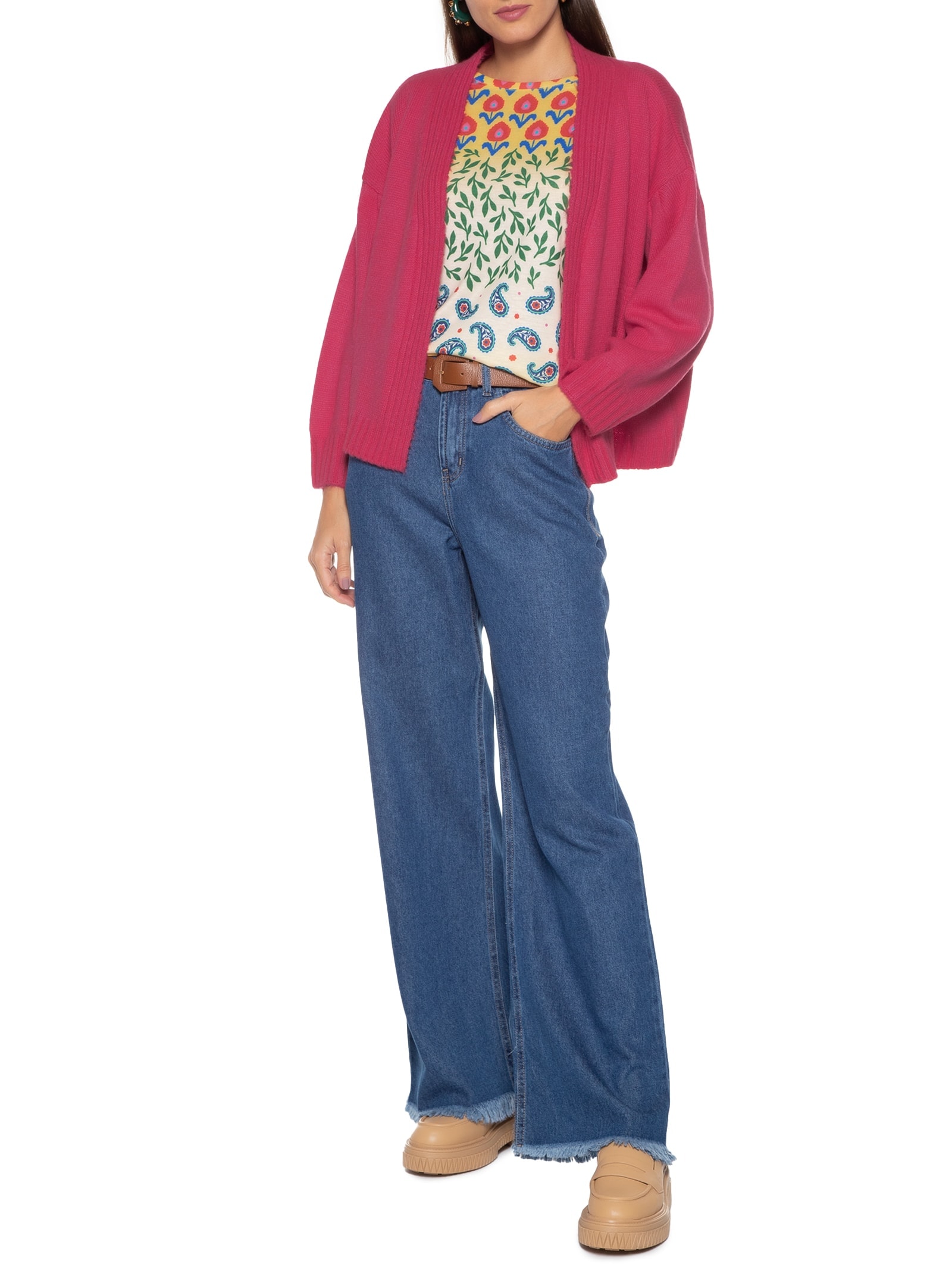 Cardigan Feminino Manga Bufante Rosa Cantão