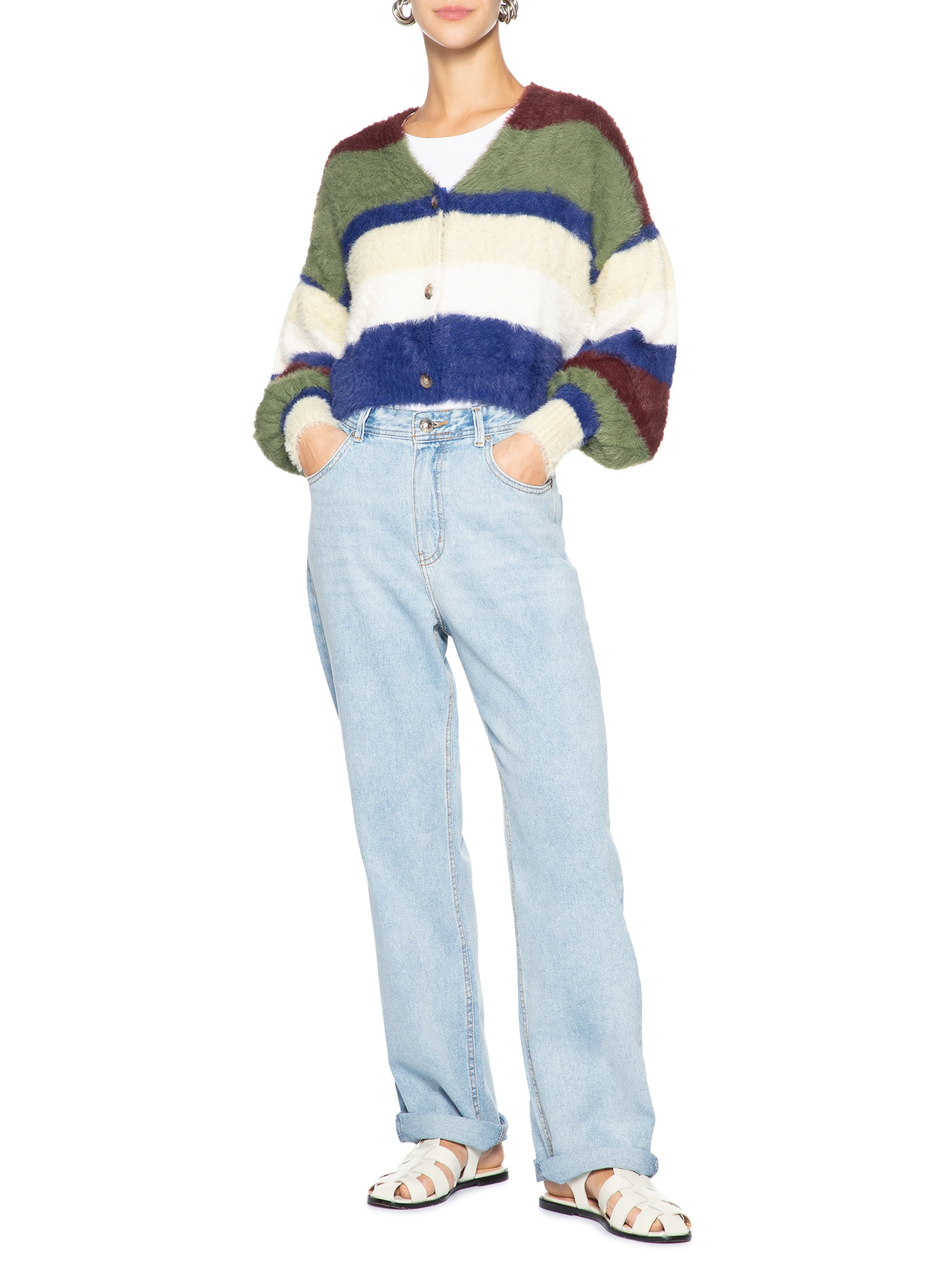 Cardigan Feminino Pelinho Tricot Listras Verde Farm