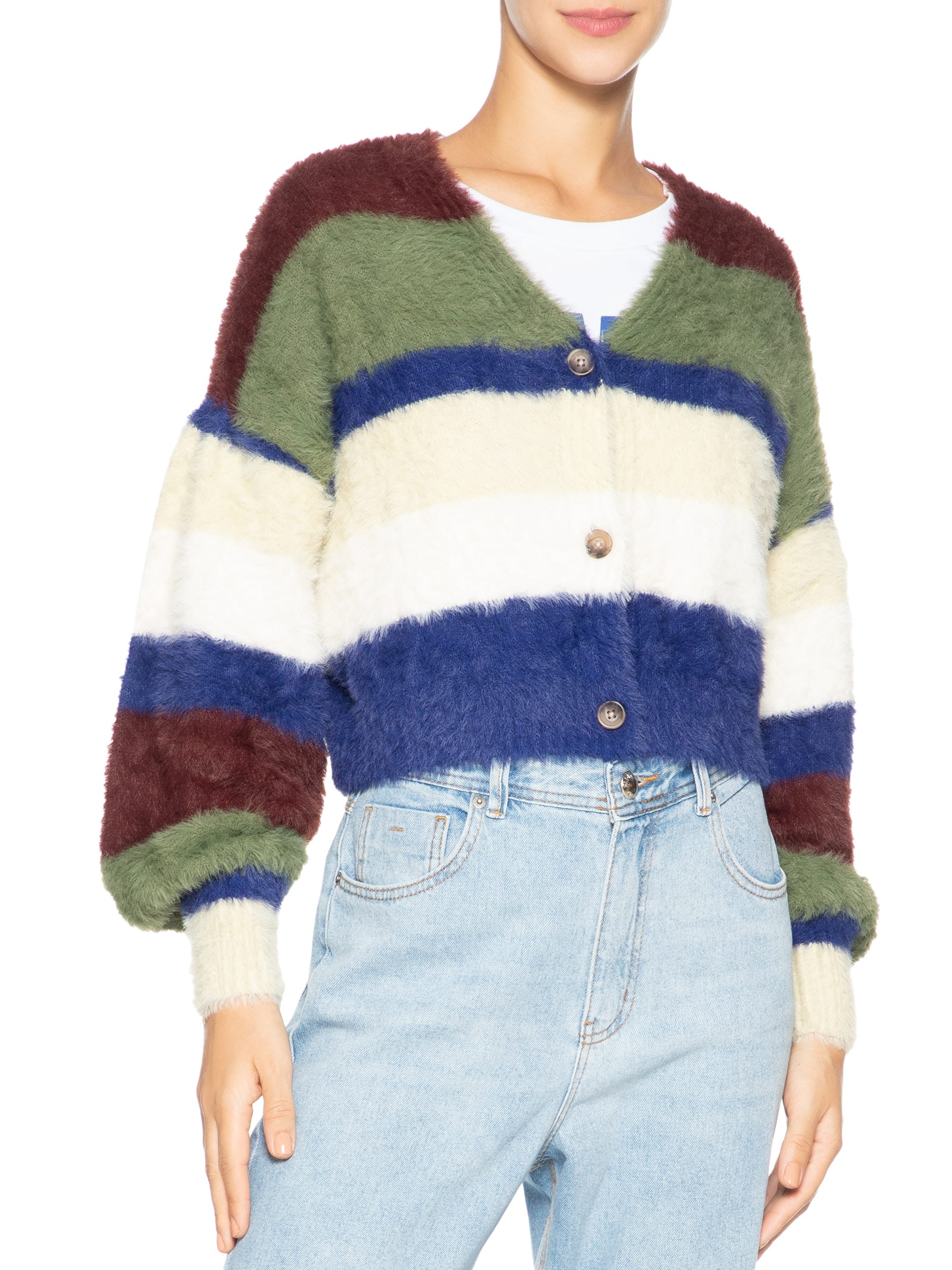 Cardigan Feminino Pelinho Tricot Listras Verde Farm