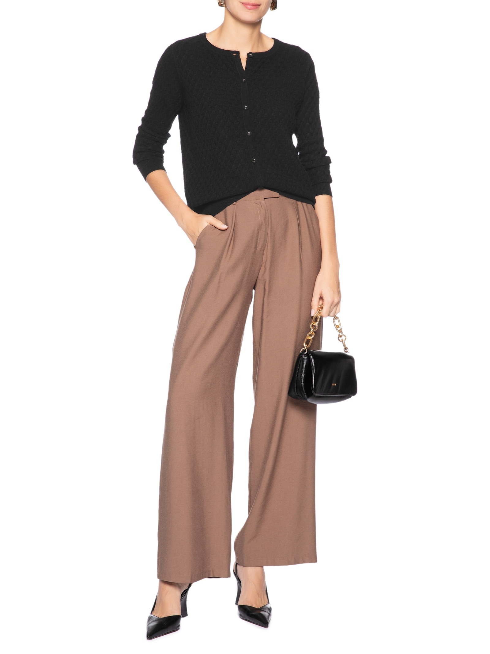 Cardigan Feminino Puro Cashmere Tranças Com Botões Preto '2Essential
