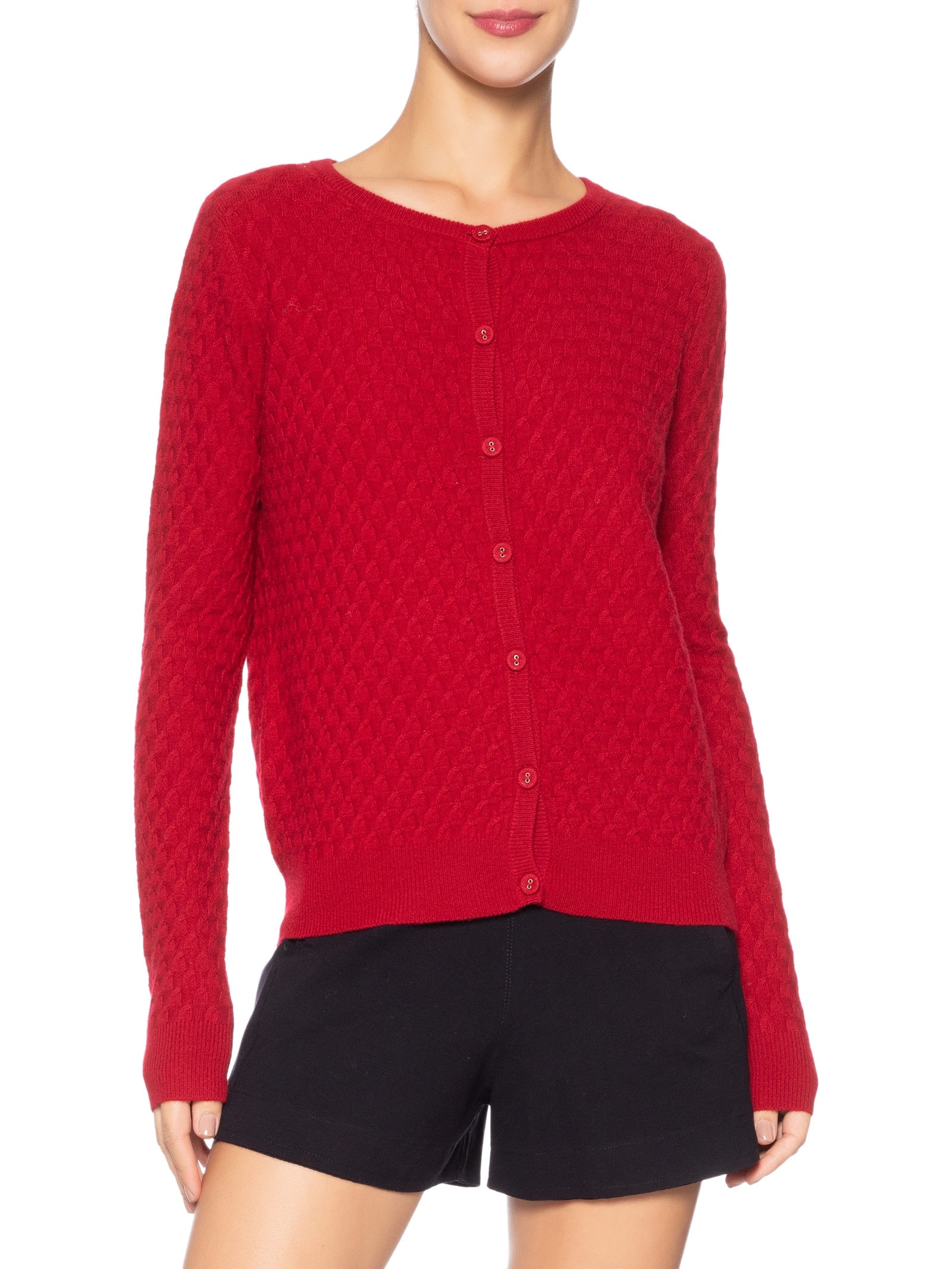 Cardigan Feminino Puro Cashmere Tranças Com Botões Vermelho '2Essential