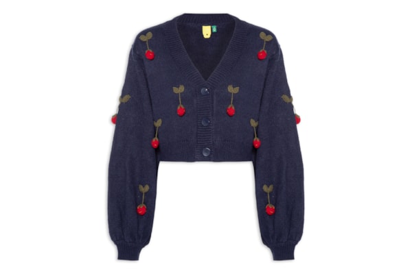 Cardigan Feminino Tricot Artesanal Morango – Azul