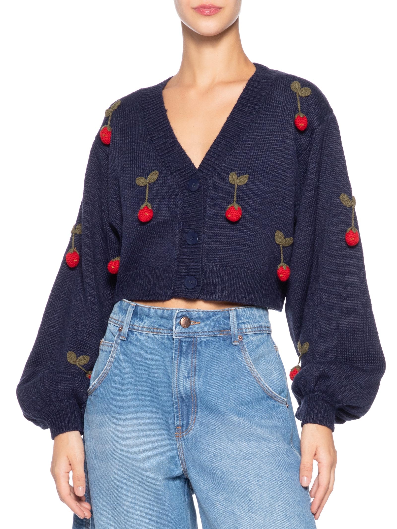 Cardigan Feminino Tricot Artesanal Morango – Azul Farm