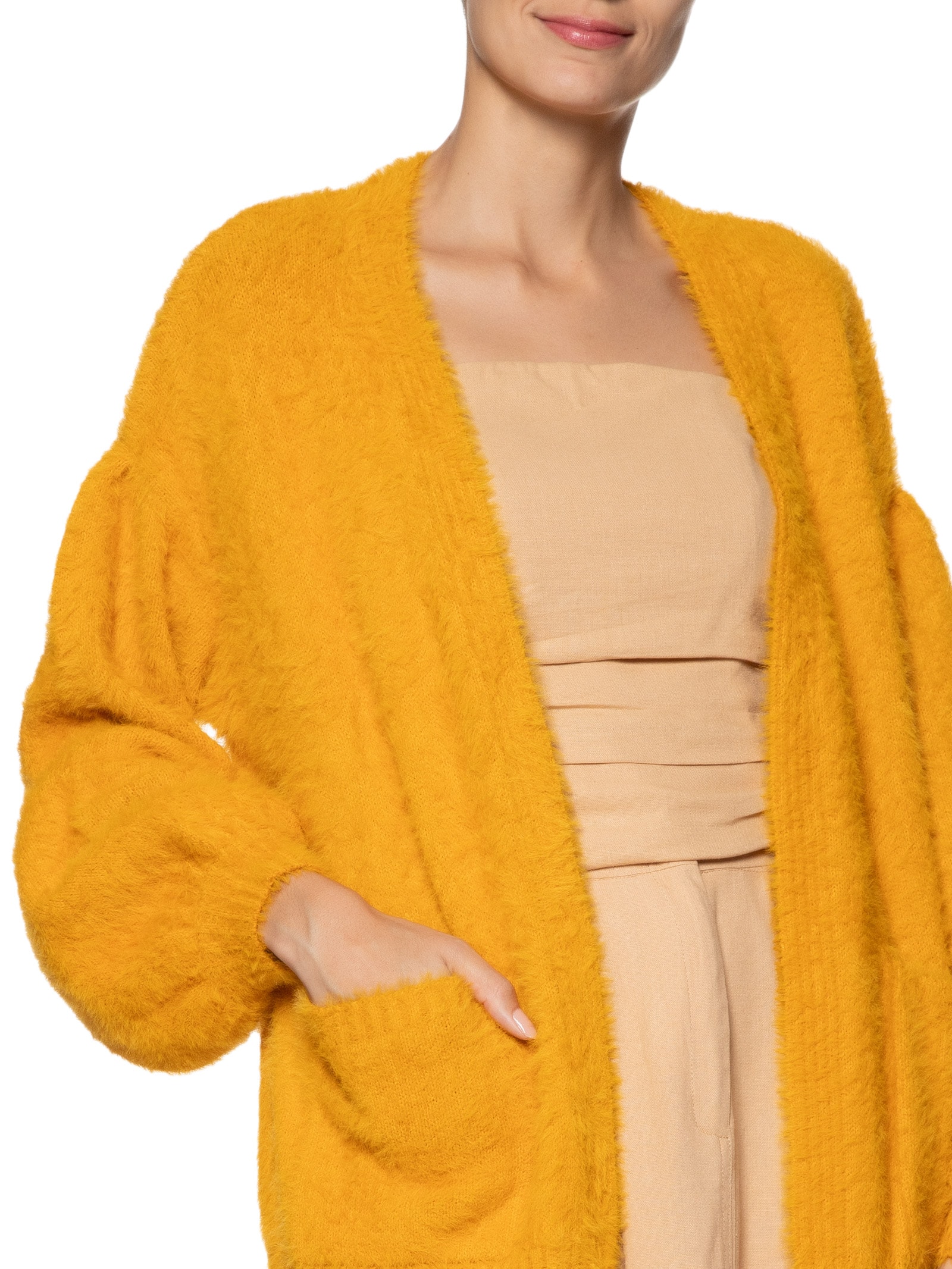 Cardigan Feminino Tricot Pelinho Com Bolso - Amarelo - Farm