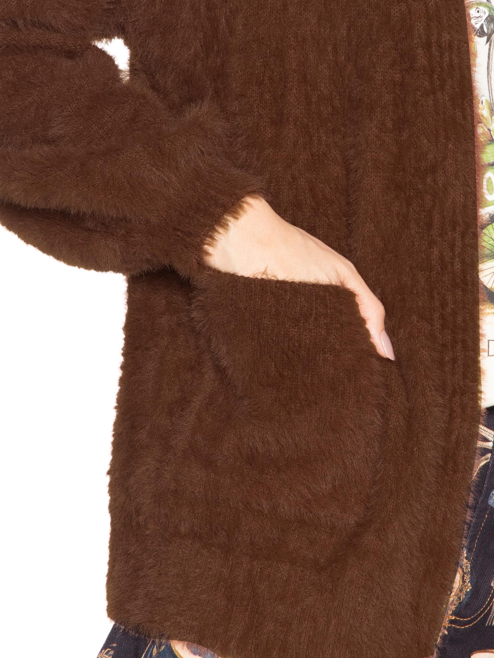 Cardigan Feminino Tricot Pelinho Com Bolso Marrom Farm