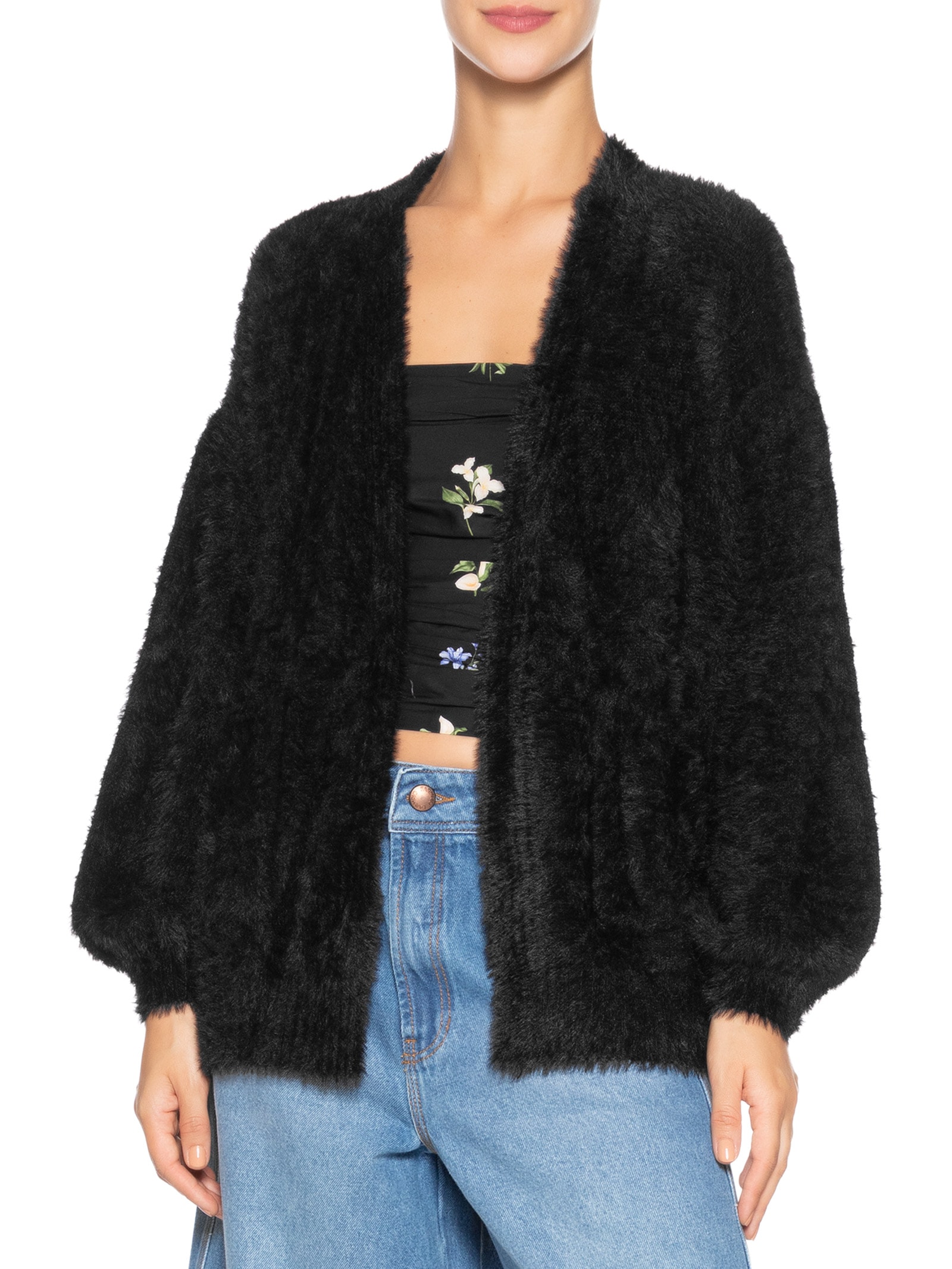 Cardigan Feminino Tricot Pelinho Com Bolso Preto Farm