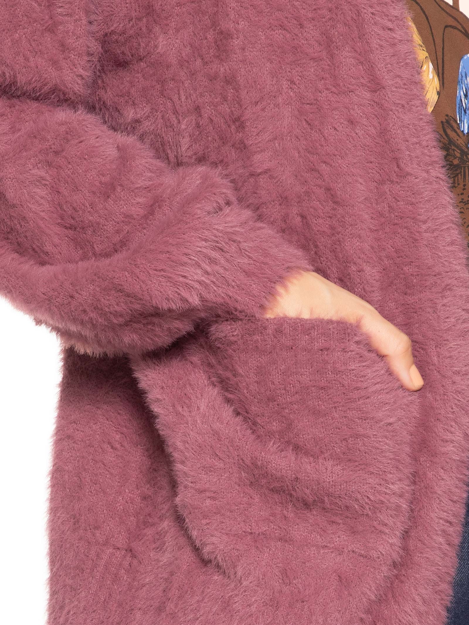 Cardigan Feminino Tricot Pelinho Com Bolso Rosa Farm