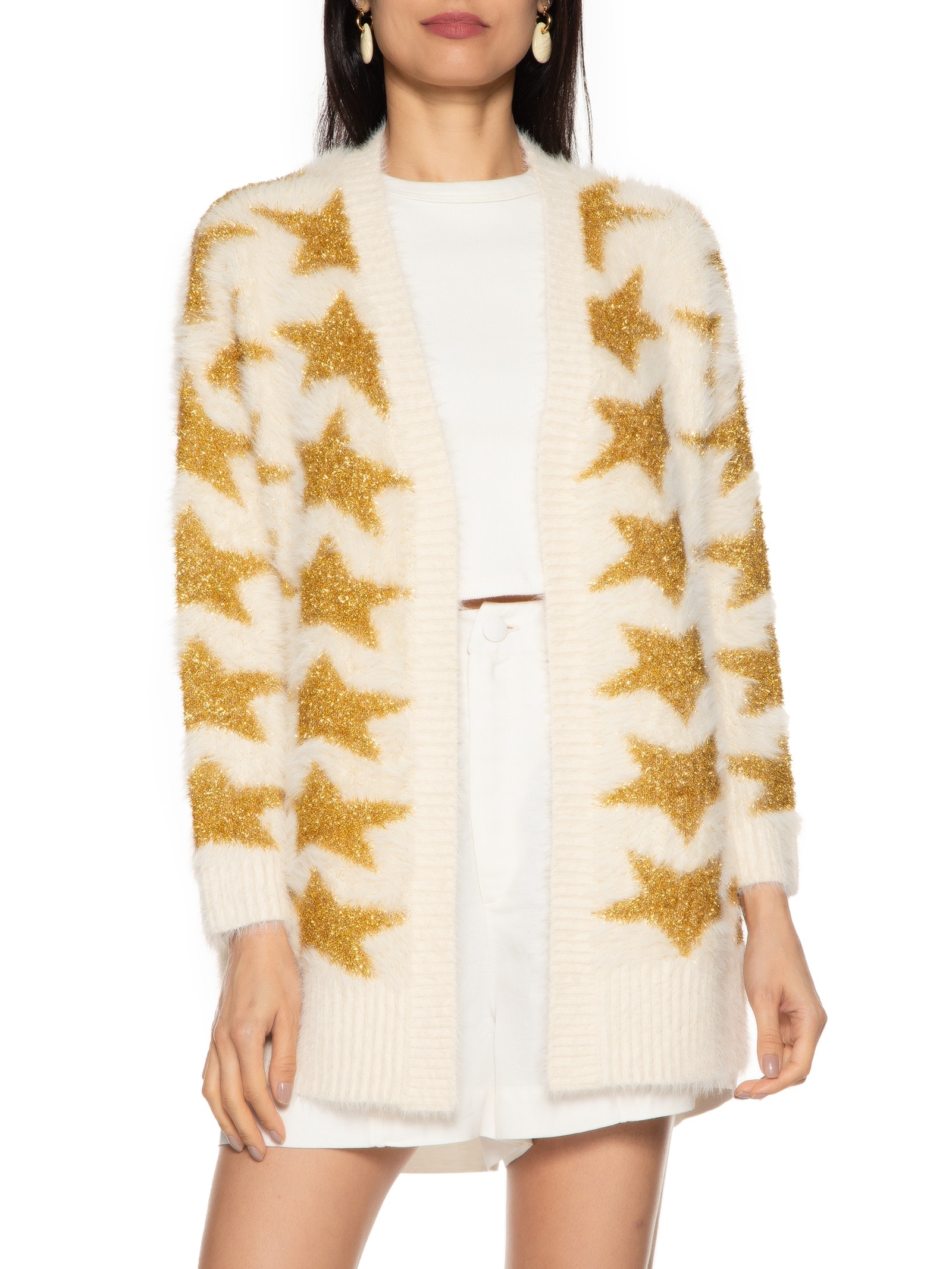Cardigan Feminino Tricot Pelinho Estrelas Branco Farm
