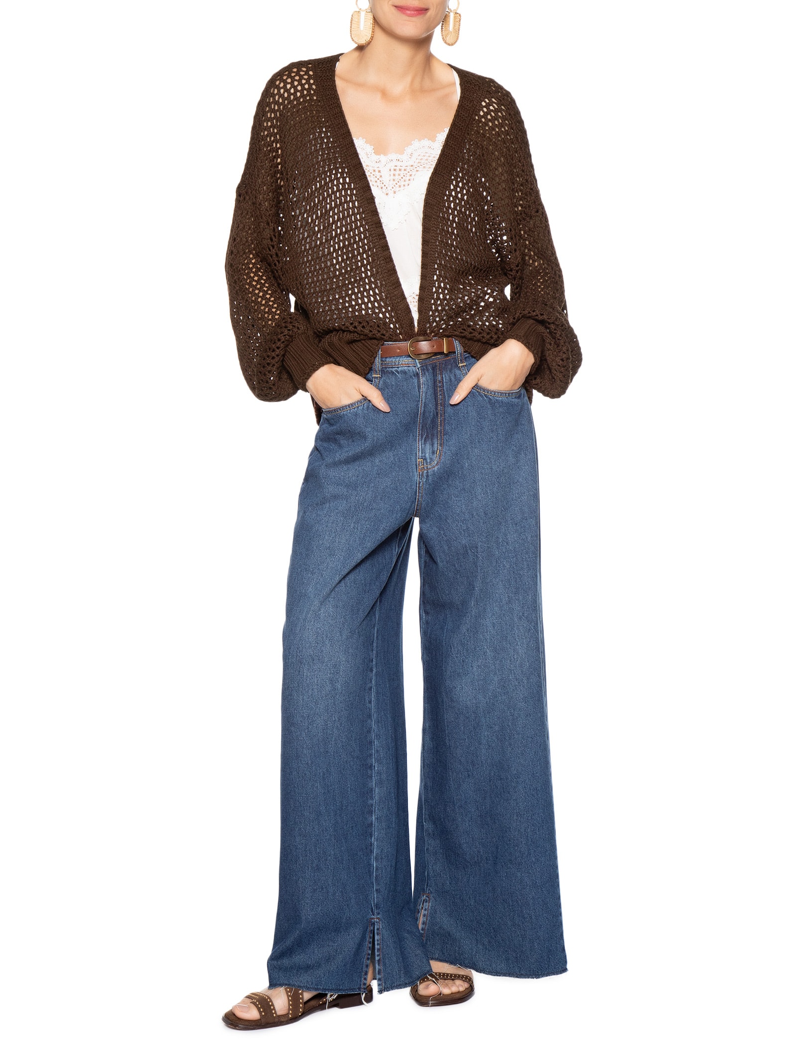 Cardigan Feminino Tricot Quadradinhos Marrom Dress To