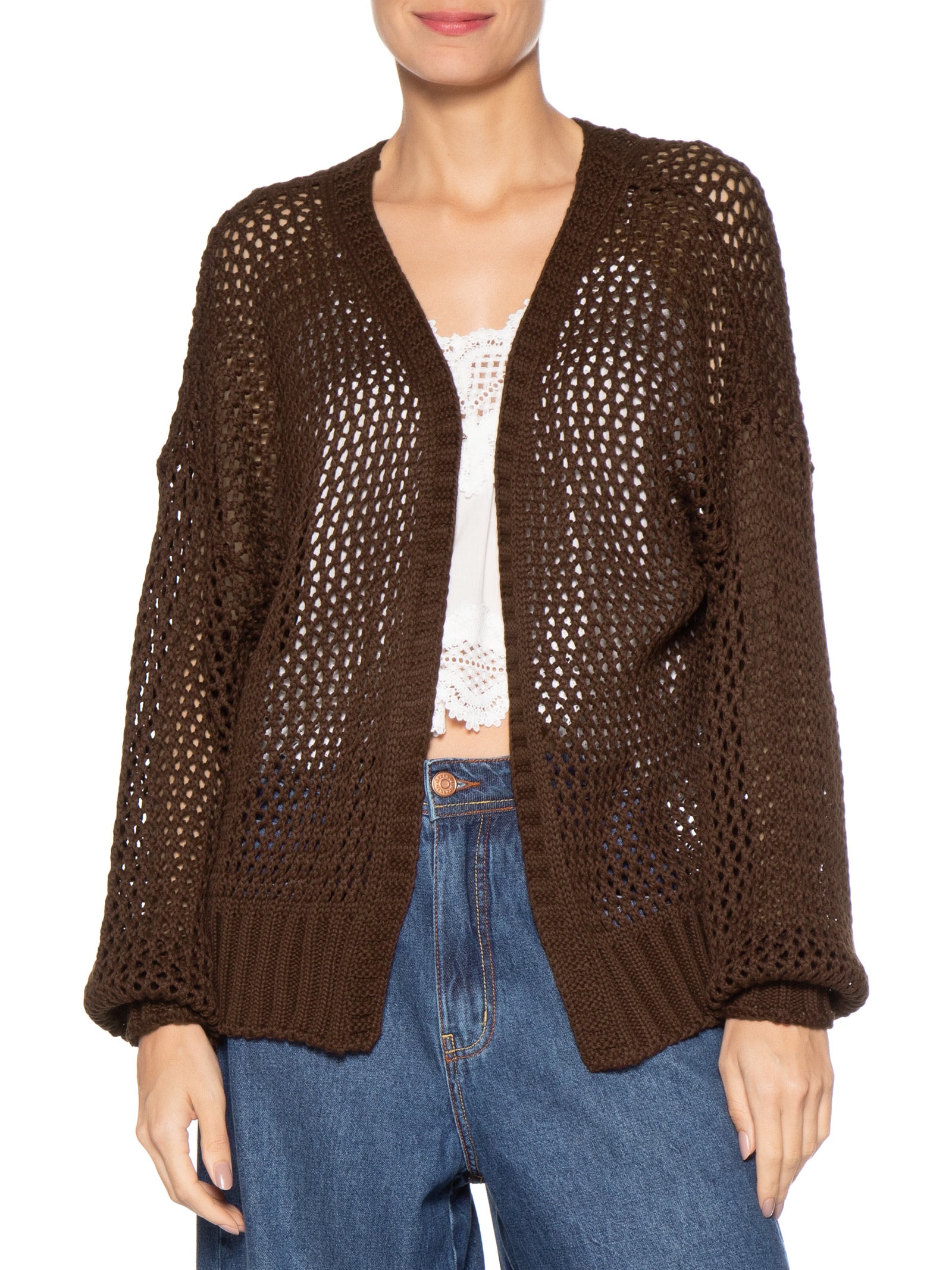 Cardigan Feminino Tricot Quadradinhos Marrom Dress To