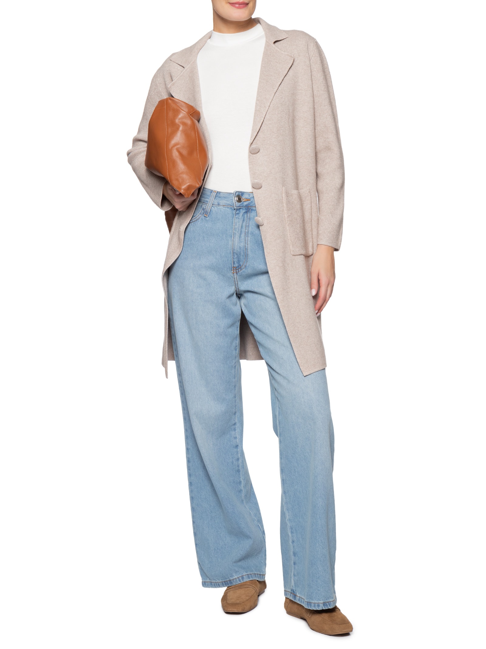 Casaco Feminino Alongado Com Bolsos Bege Basiq