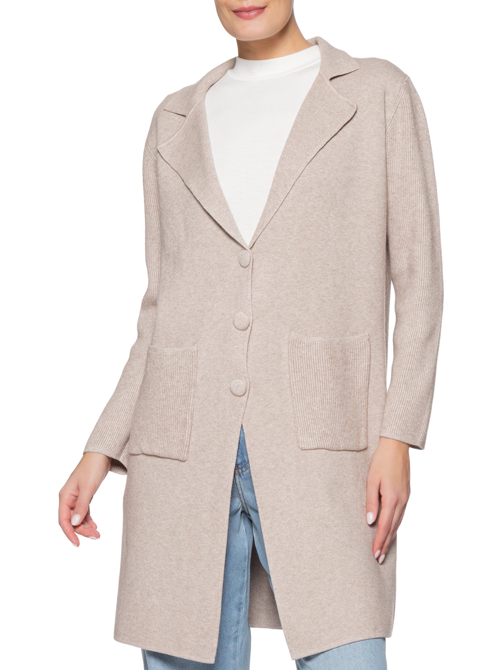 Casaco Feminino Alongado Com Bolsos Bege Basiq