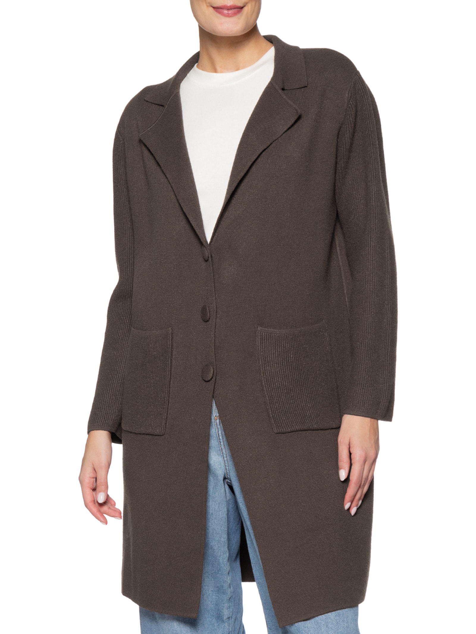 Casaco Feminino Alongado Com Bolsos Marrom Basiq