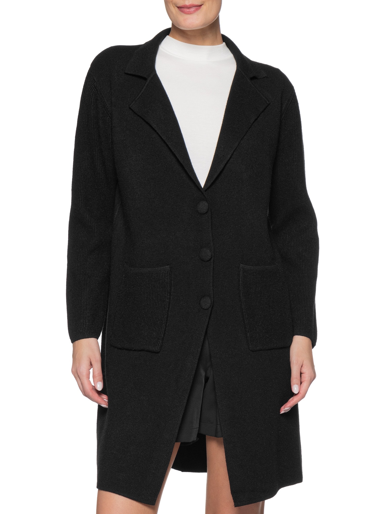 Casaco Feminino Alongado Com Bolsos Preto Basiq