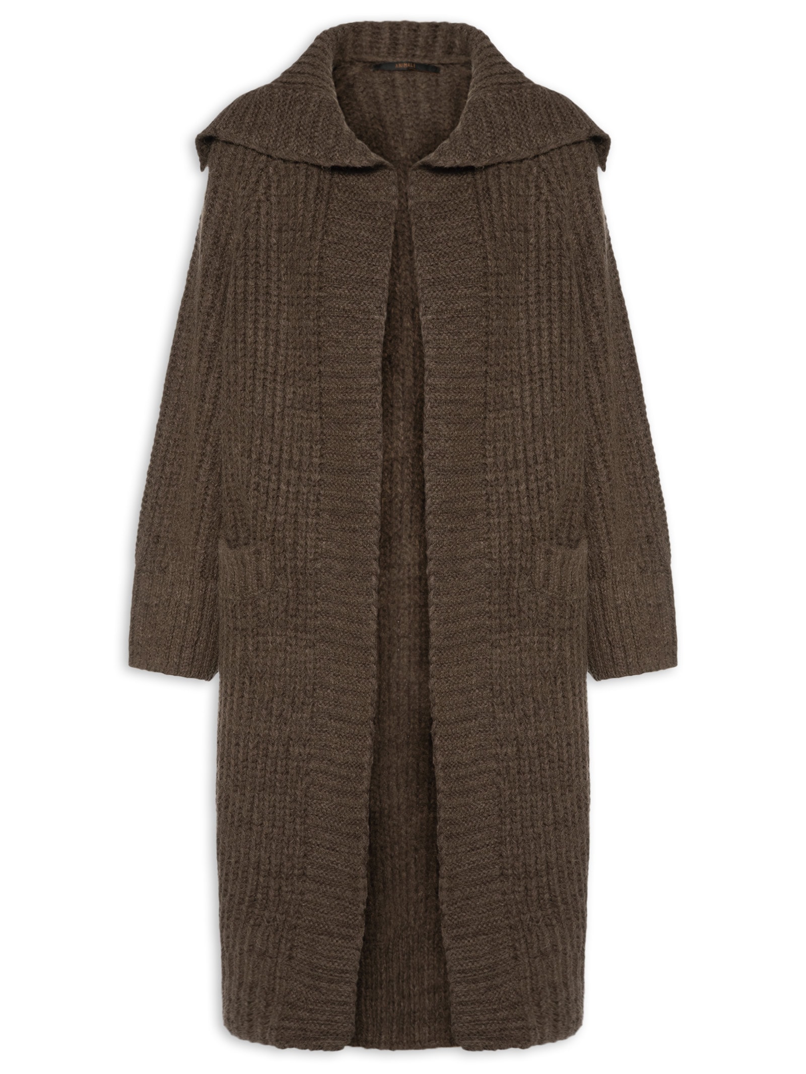 Casaco Feminino Comprido De Tricot Maxi Gola Marrom Animale
