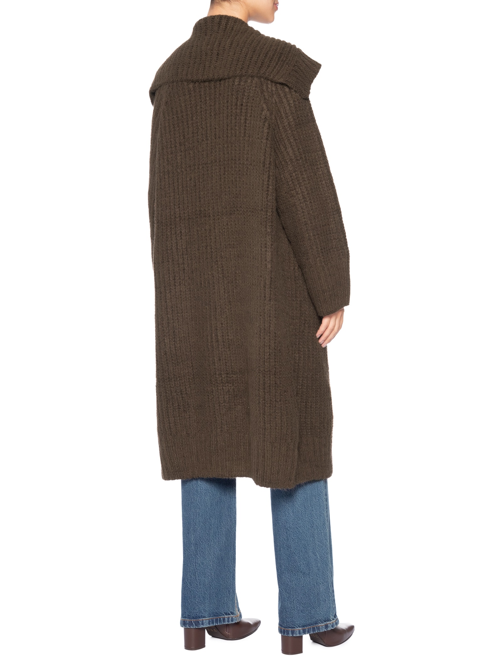 Casaco Feminino Comprido De Tricot Maxi Gola Marrom Animale