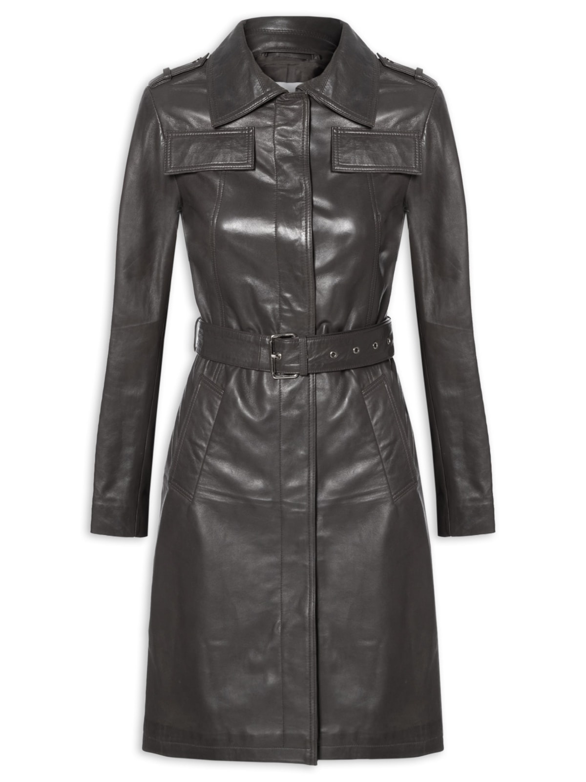 Vista 2 Casaco Feminino Couro Com Cinto CINZA CINZA