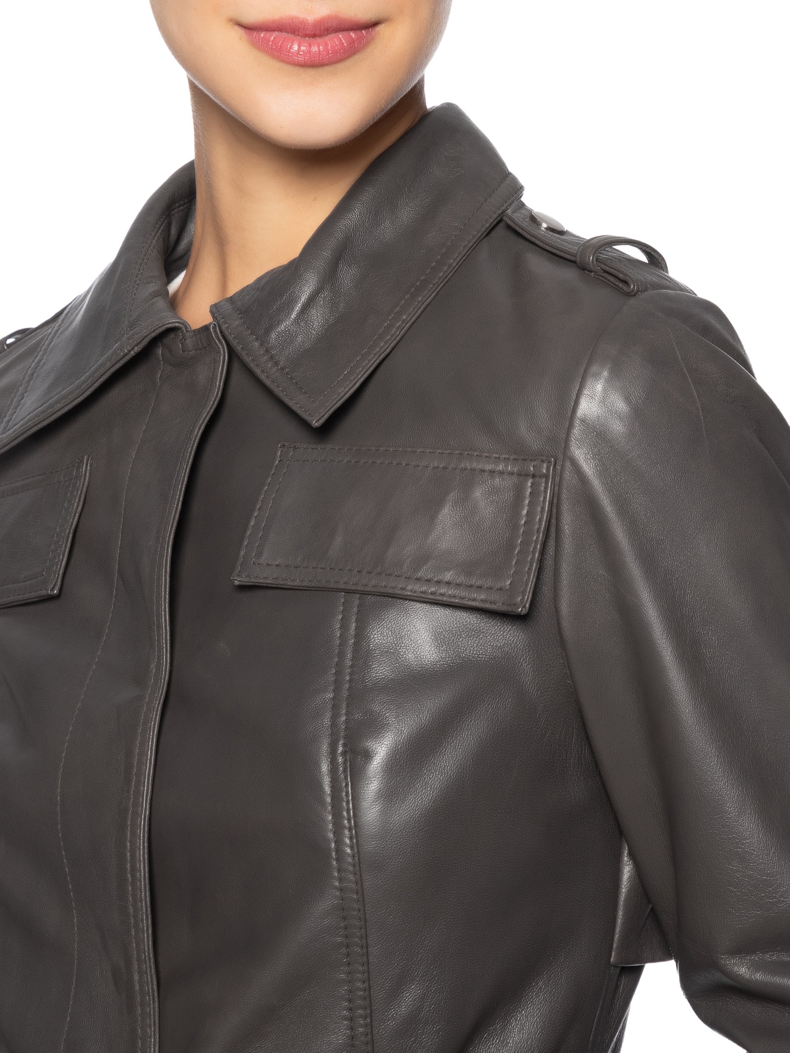 Casaco Feminino Couro Com Cinto Cinza '2Essential