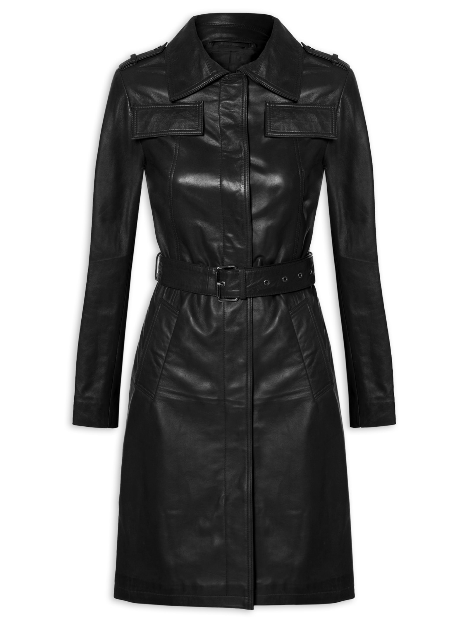 Casaco Feminino Couro Com Cinto Preto '2Essential