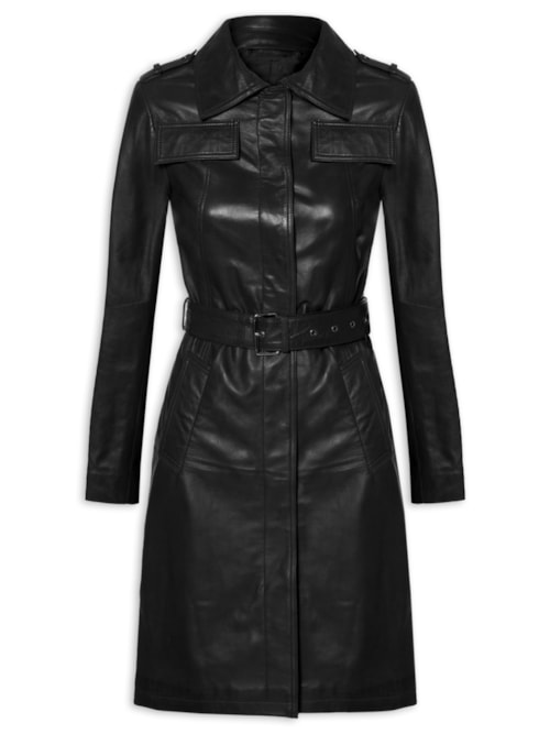 Casaco Feminino Couro Com Cinto – Preto