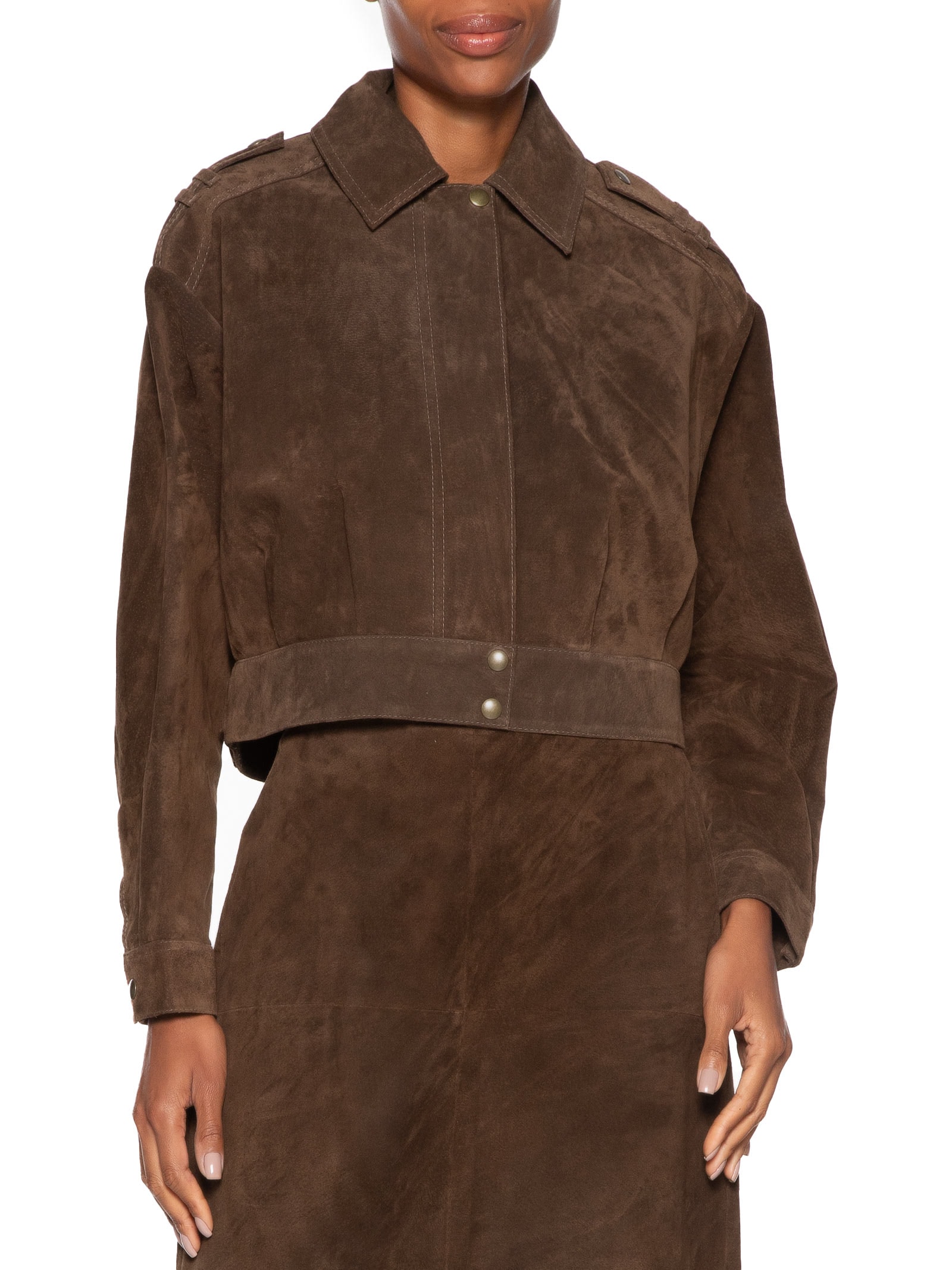 Casaco Feminino Couro Cropped Sharon Marrom Studio Kalline