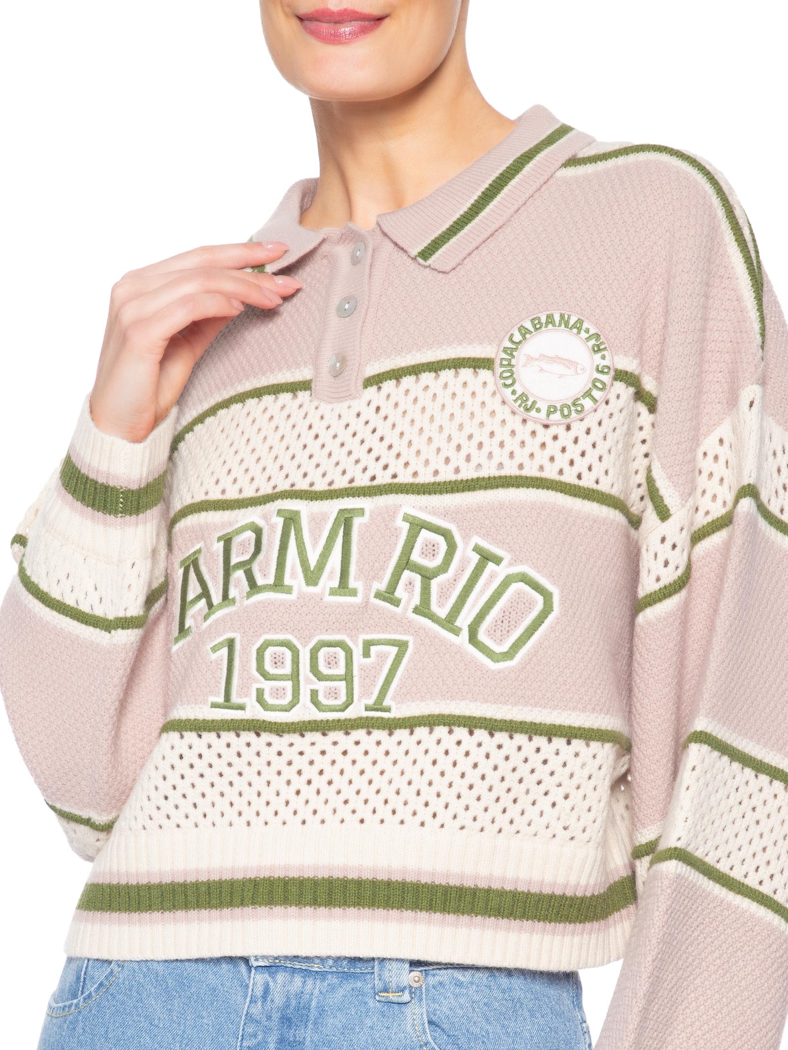 Casaco Feminino Cropped Tricot Listra Rosa Farm