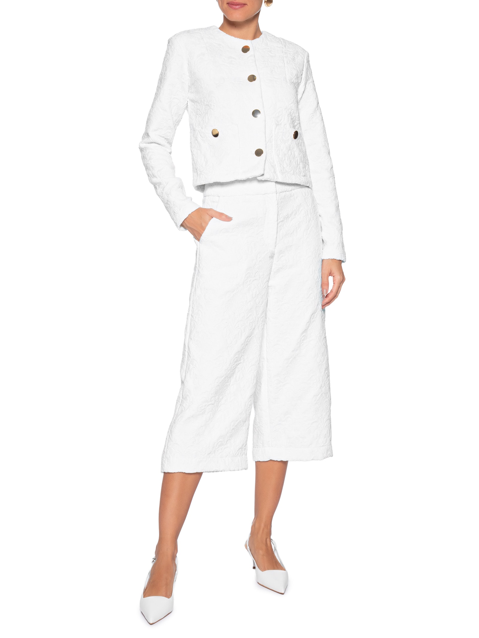 Casaco Feminino Curto Em Jacquard Branco '2Essential