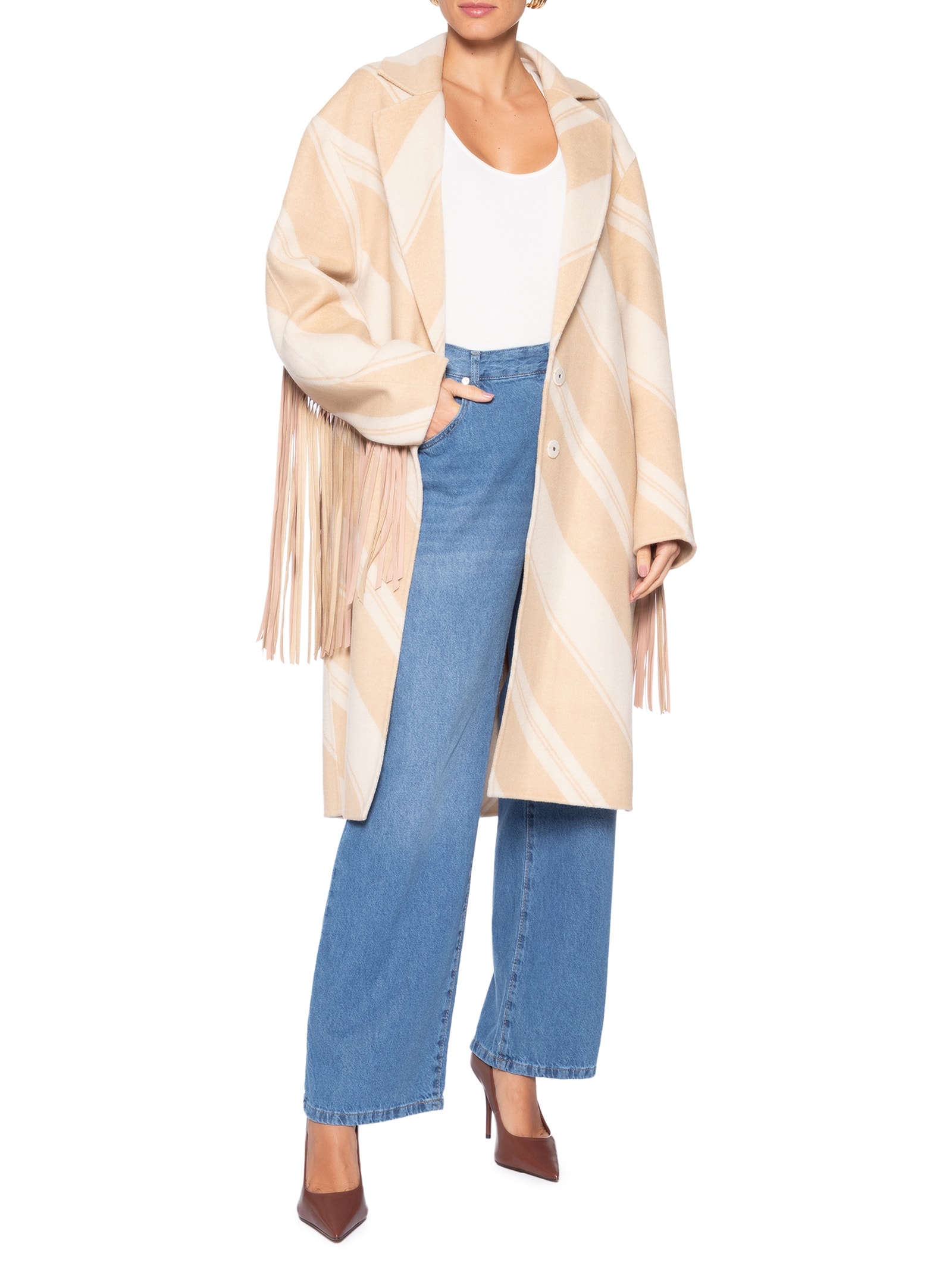 Casaco Feminino De Lã Estampado Com Detalhes De Franjas  Bege Animale