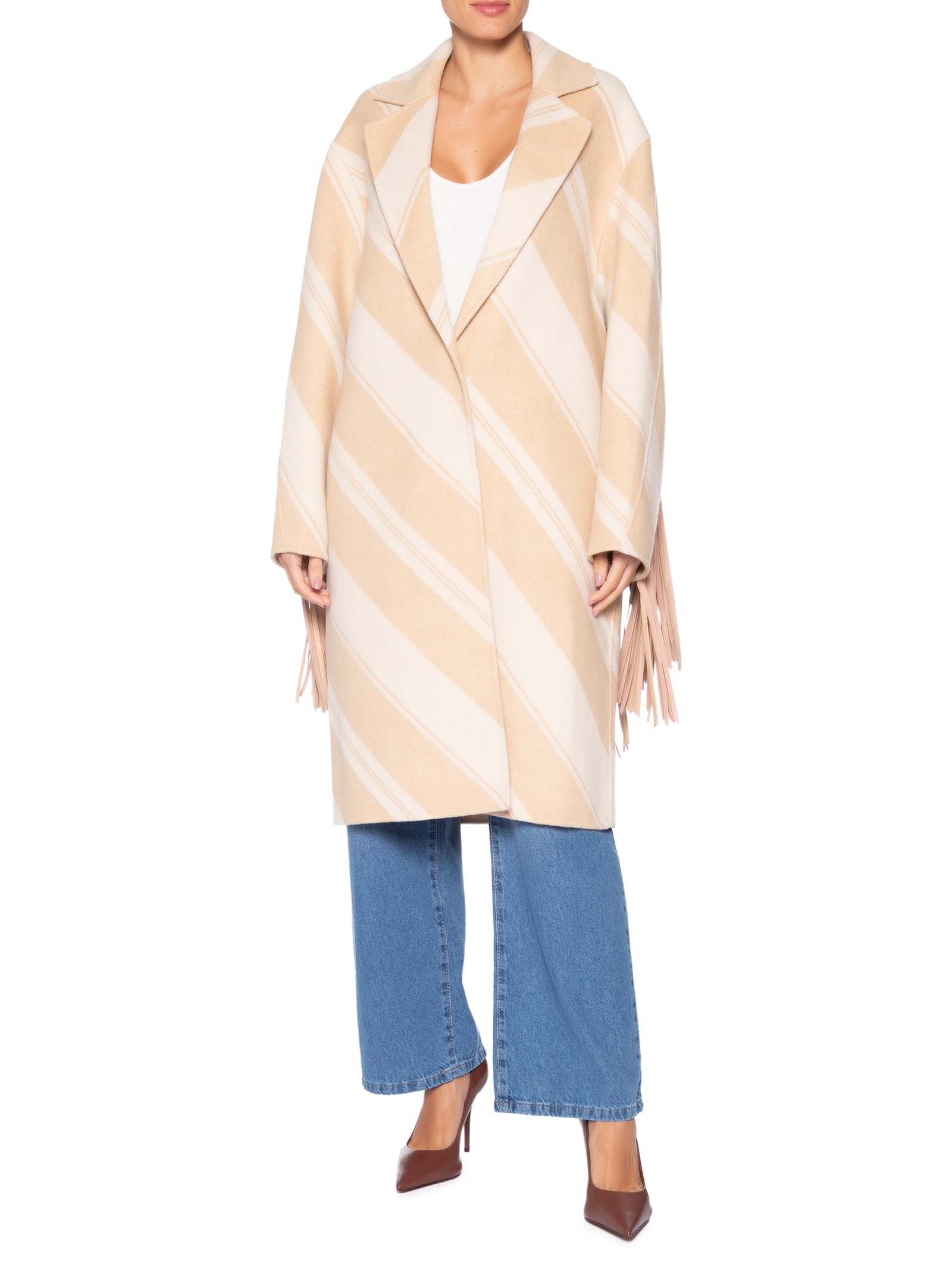 Casaco Feminino De Lã Estampado Com Detalhes De Franjas  Bege Animale