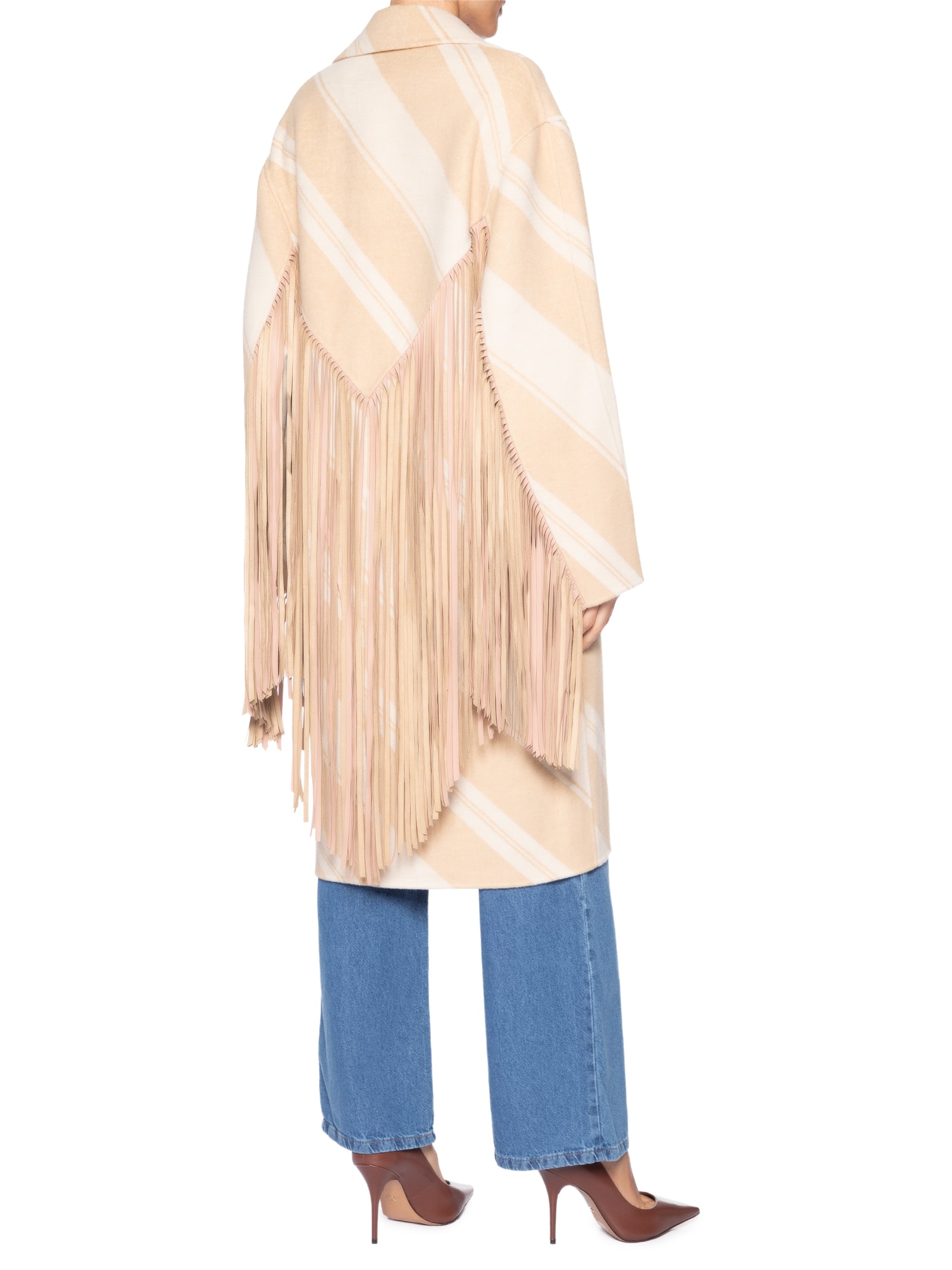 Casaco Feminino De Lã Estampado Com Detalhes De Franjas  Bege Animale