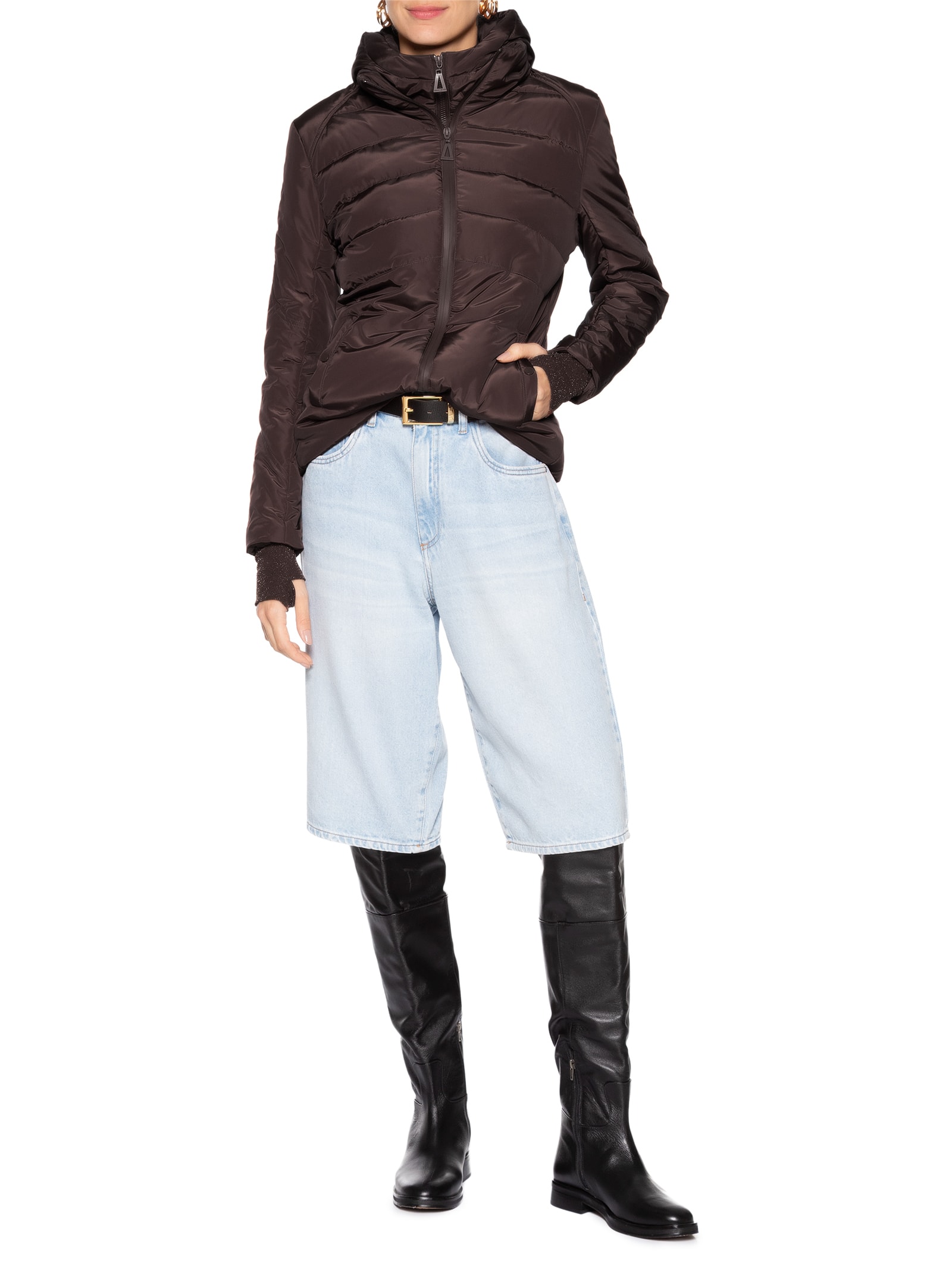 Casaco Feminino De Nylon E Malha Puffer Marrom Animale Jeans