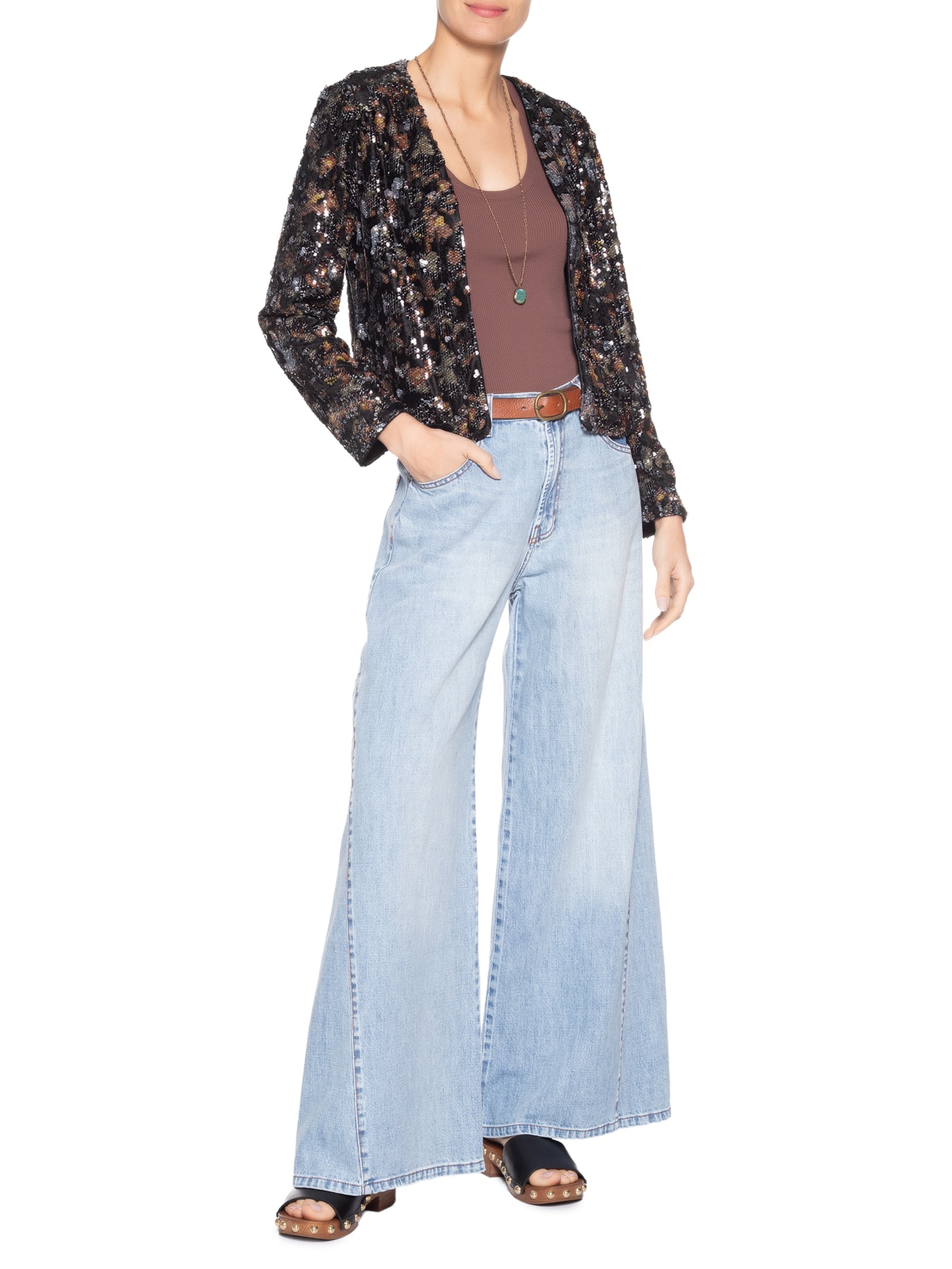 Casaco Feminino Paetê Estampa Blush Preto Maria Filó