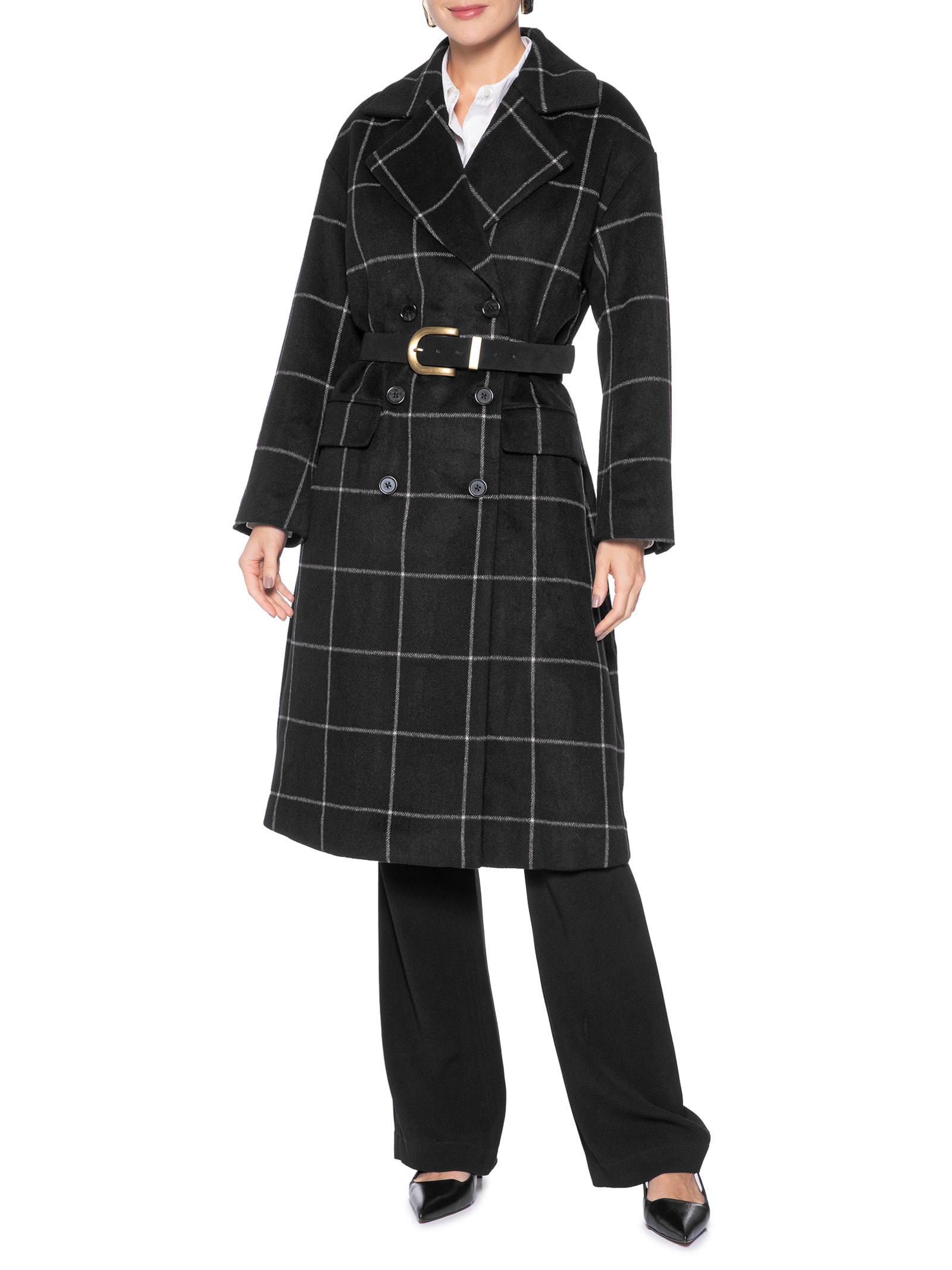 Casaco Feminino Sobretudo Oversized Xadrez Preto Animale