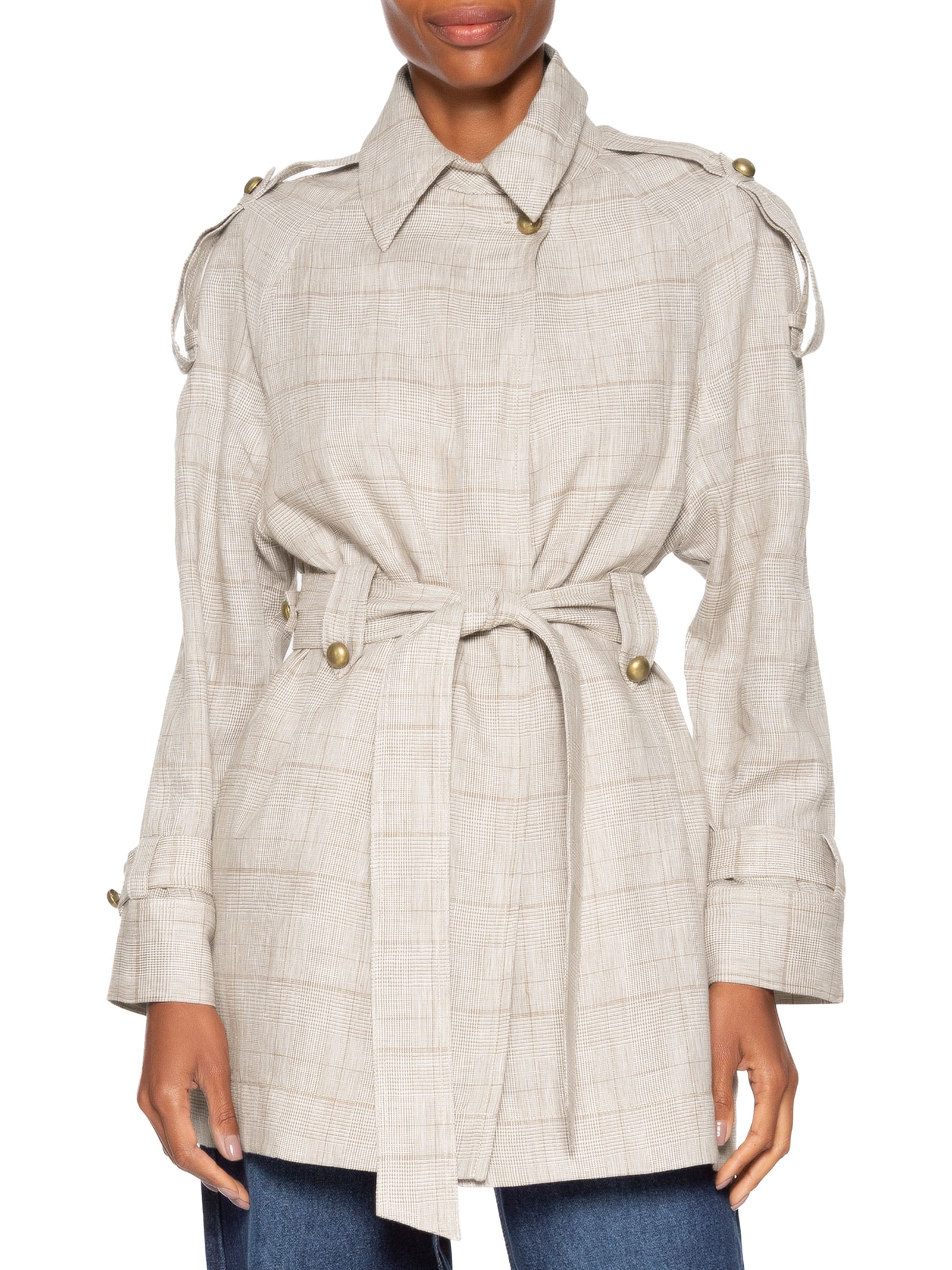 Casaco Feminino Trench Coat De Linho Xadrez Cinza Animale