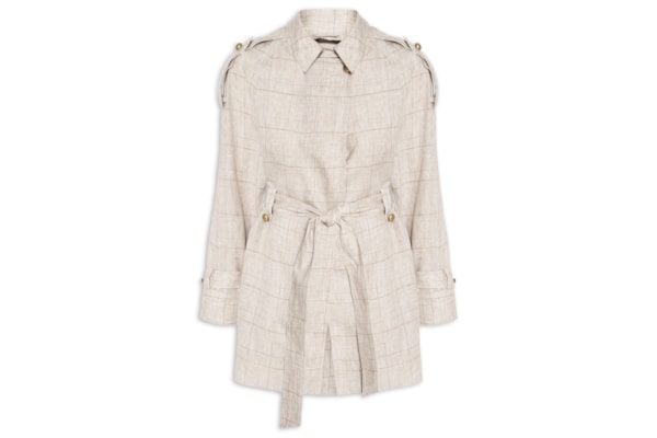 Casaco Feminino Trench Coat De Linho Xadrez - Cinza