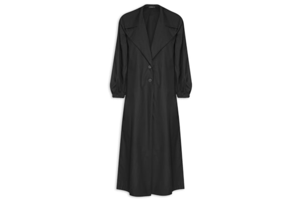 Casaco Feminino Trench Coat Manga Franzida Liso - Preto