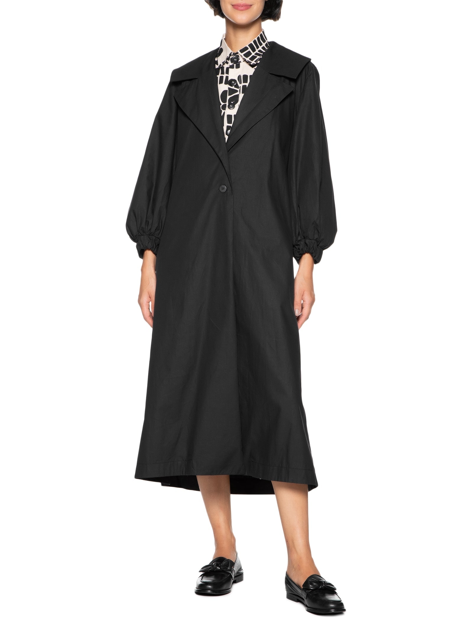 Casaco Feminino Trench Coat Manga Franzida Liso Preto Cacay