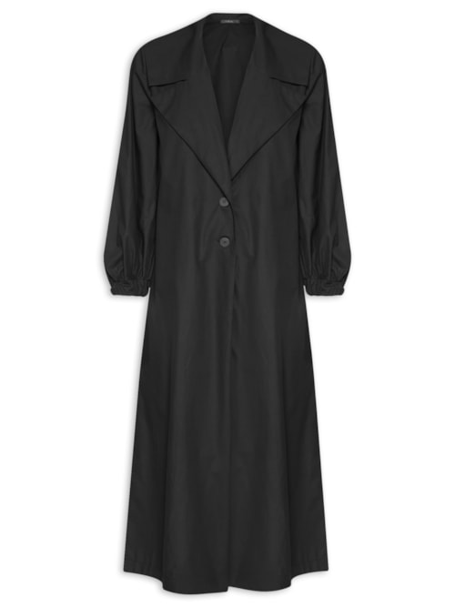 Casaco Feminino Trench Coat Manga Franzida Liso – Preto