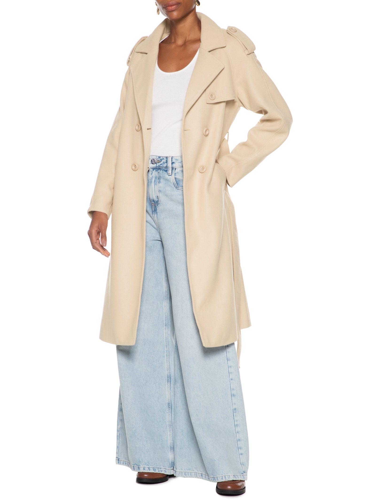 Casaco Feminino Trenchcoat Alongado Com Bolso Bege Basiq