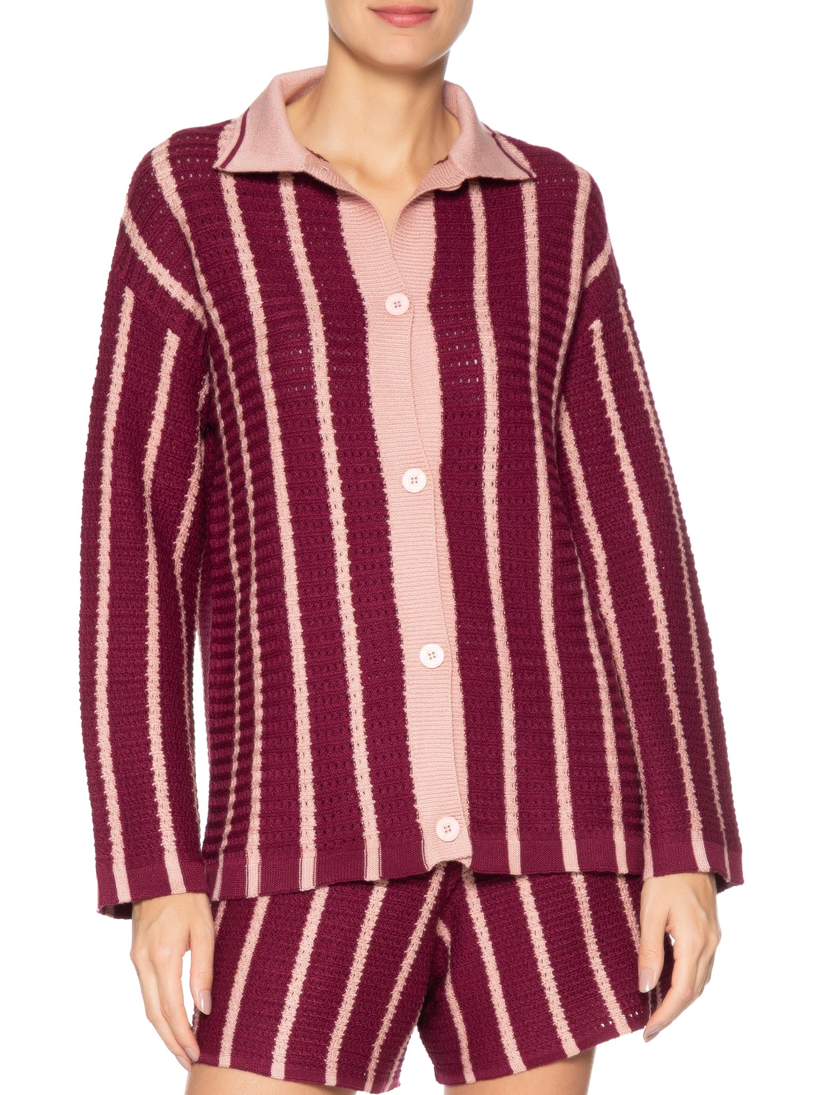 Casaco Feminino Tricot Listrado Rosa Dress To