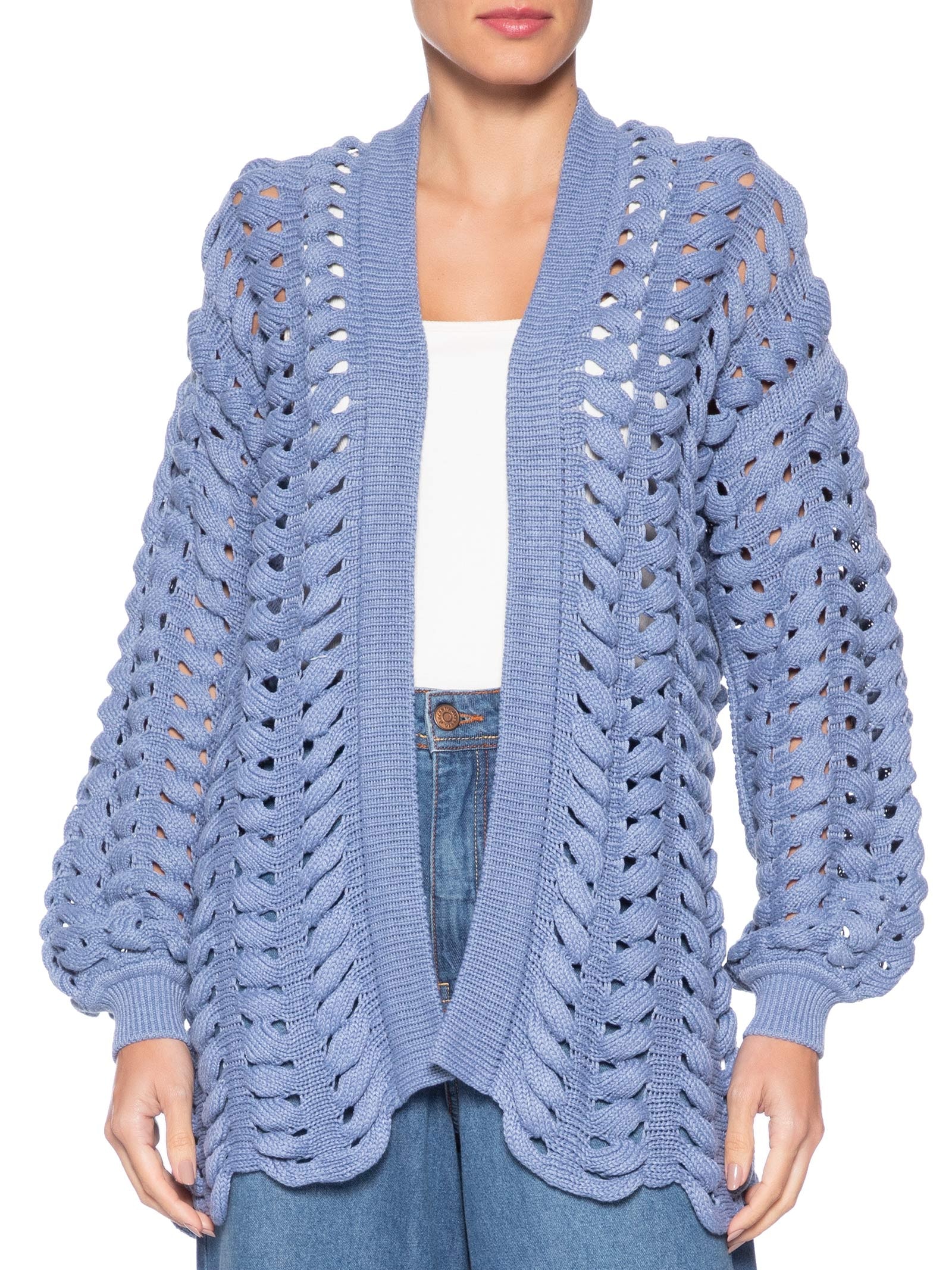 Casaco Feminino Tricot Ponto Entrelaçado Azul Maria Filó