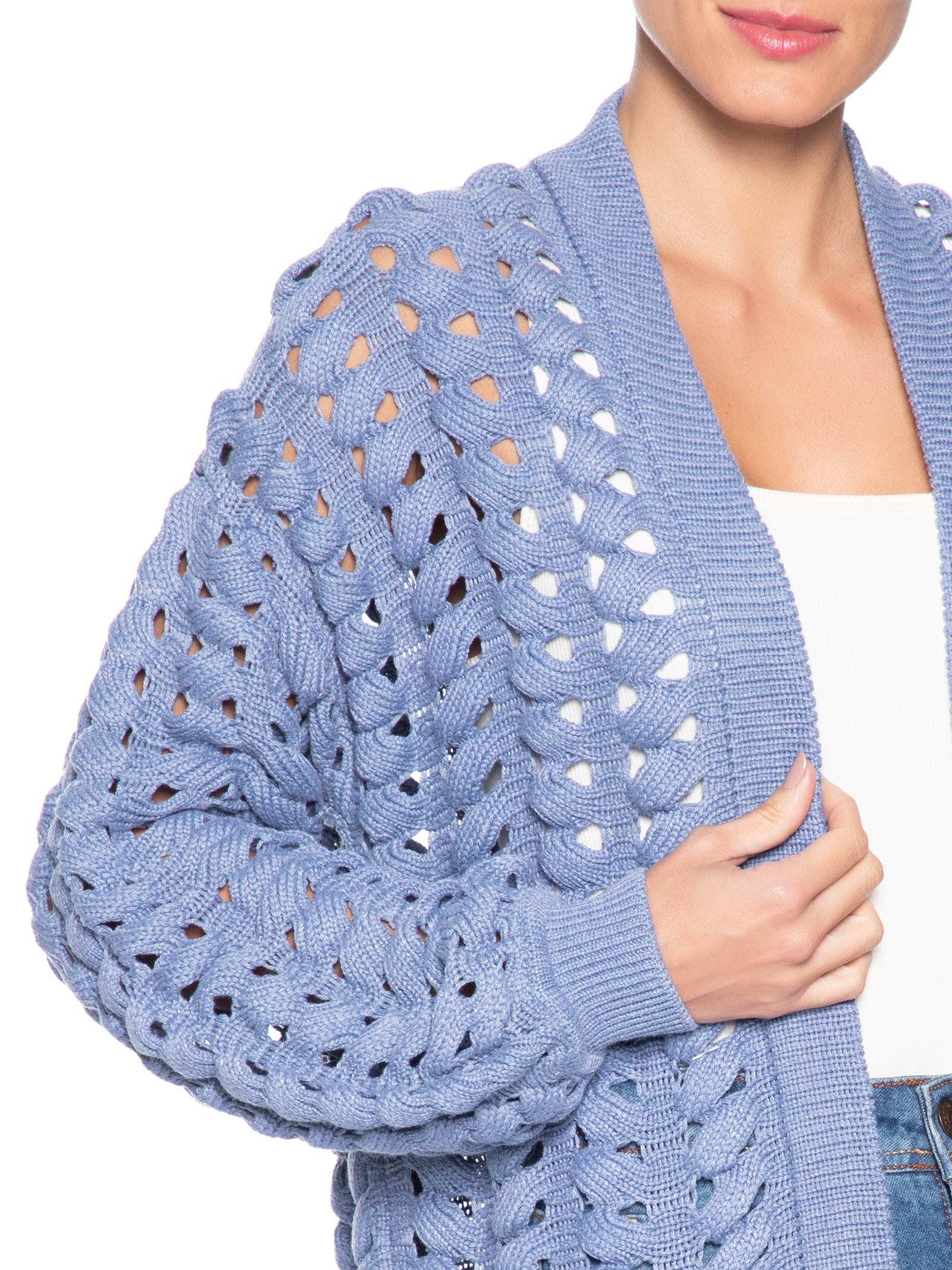 Casaco Feminino Tricot Ponto Entrelaçado Azul Maria Filó