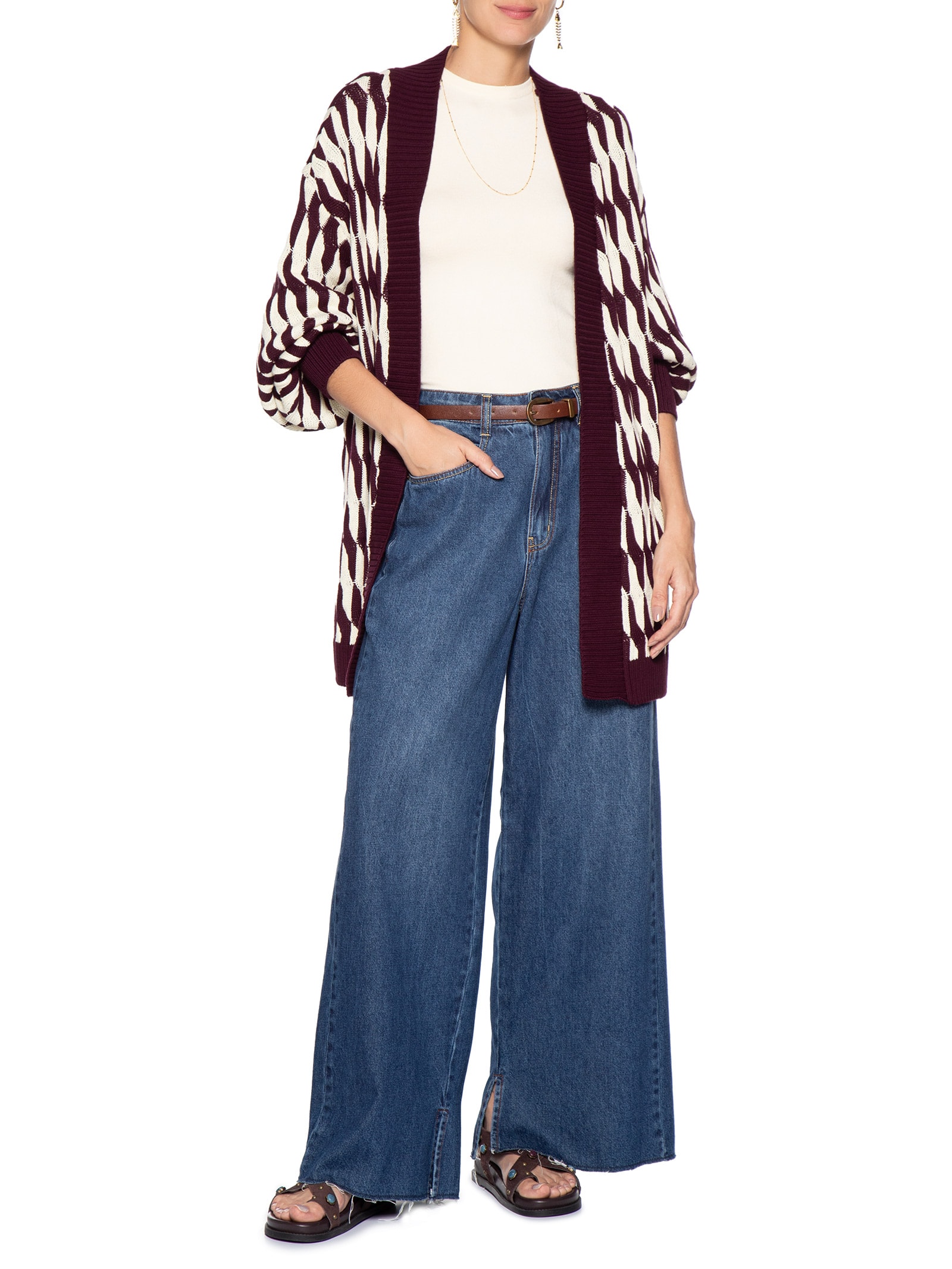 Casaco Feminino Tricot Ponto Relevo Bicolor Vermelho Dress To