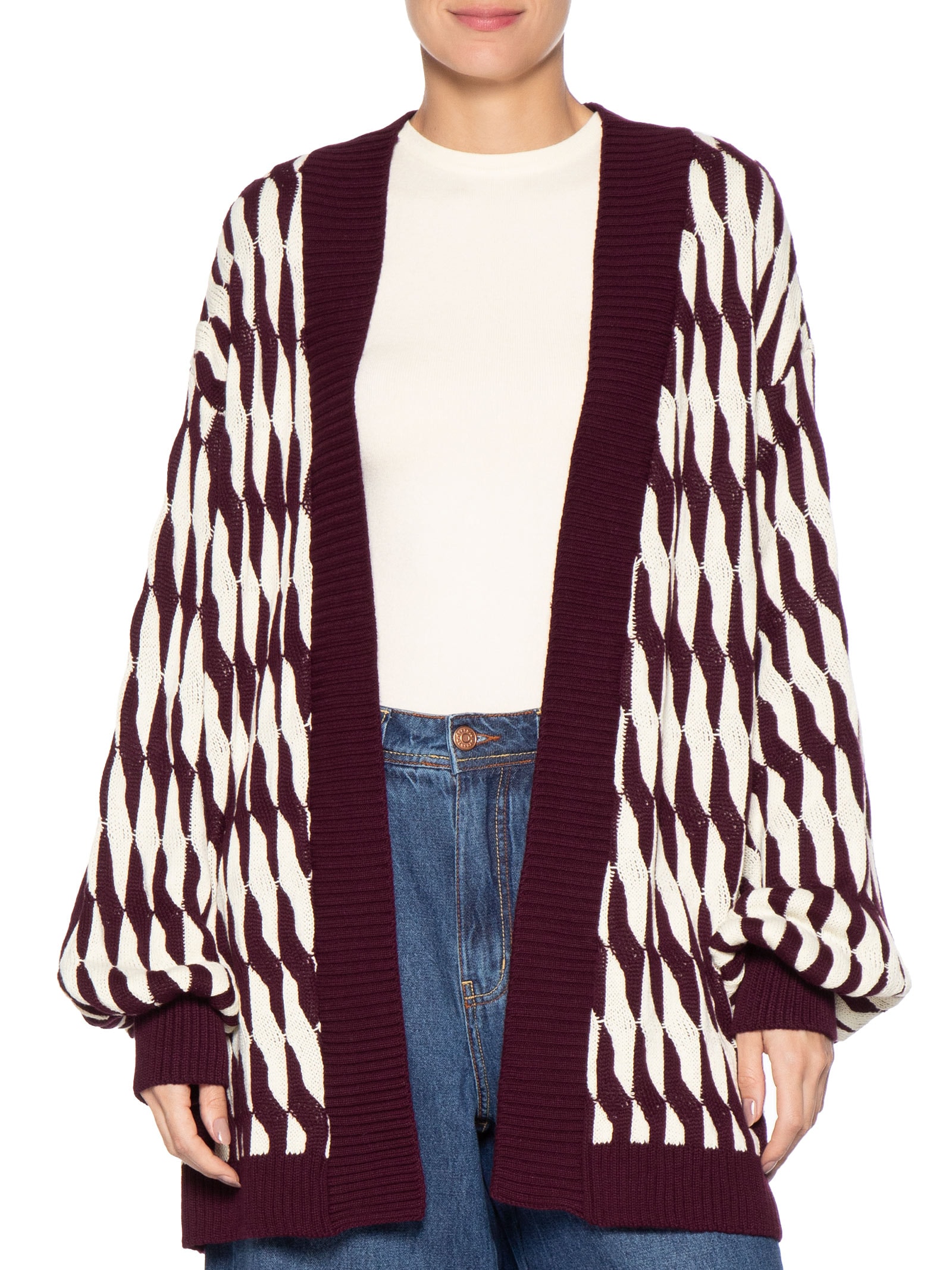 Casaco Feminino Tricot Ponto Relevo Bicolor Vermelho Dress To