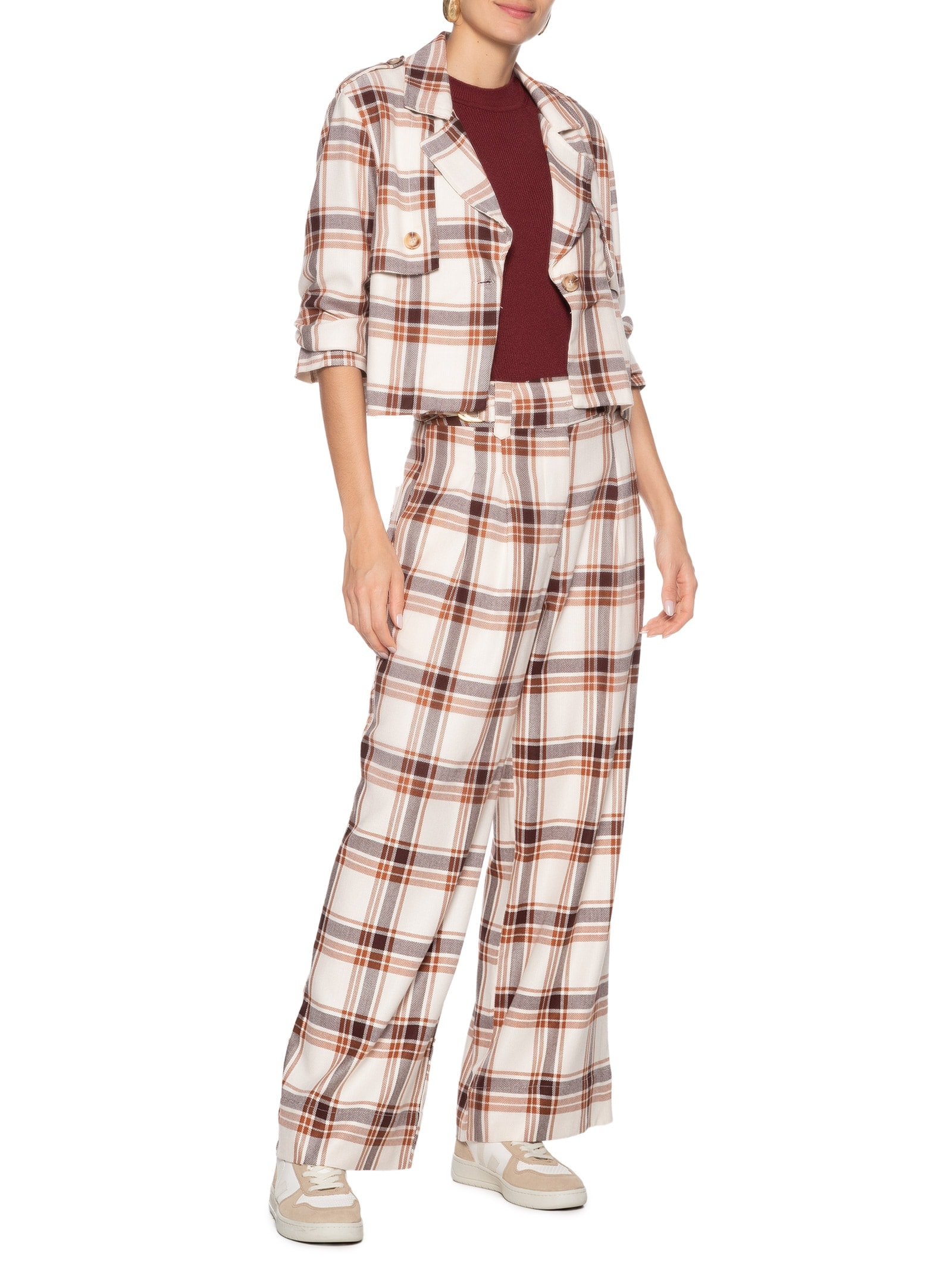 Casaco Feminino Xadrez Sobreposição Bege Dress To