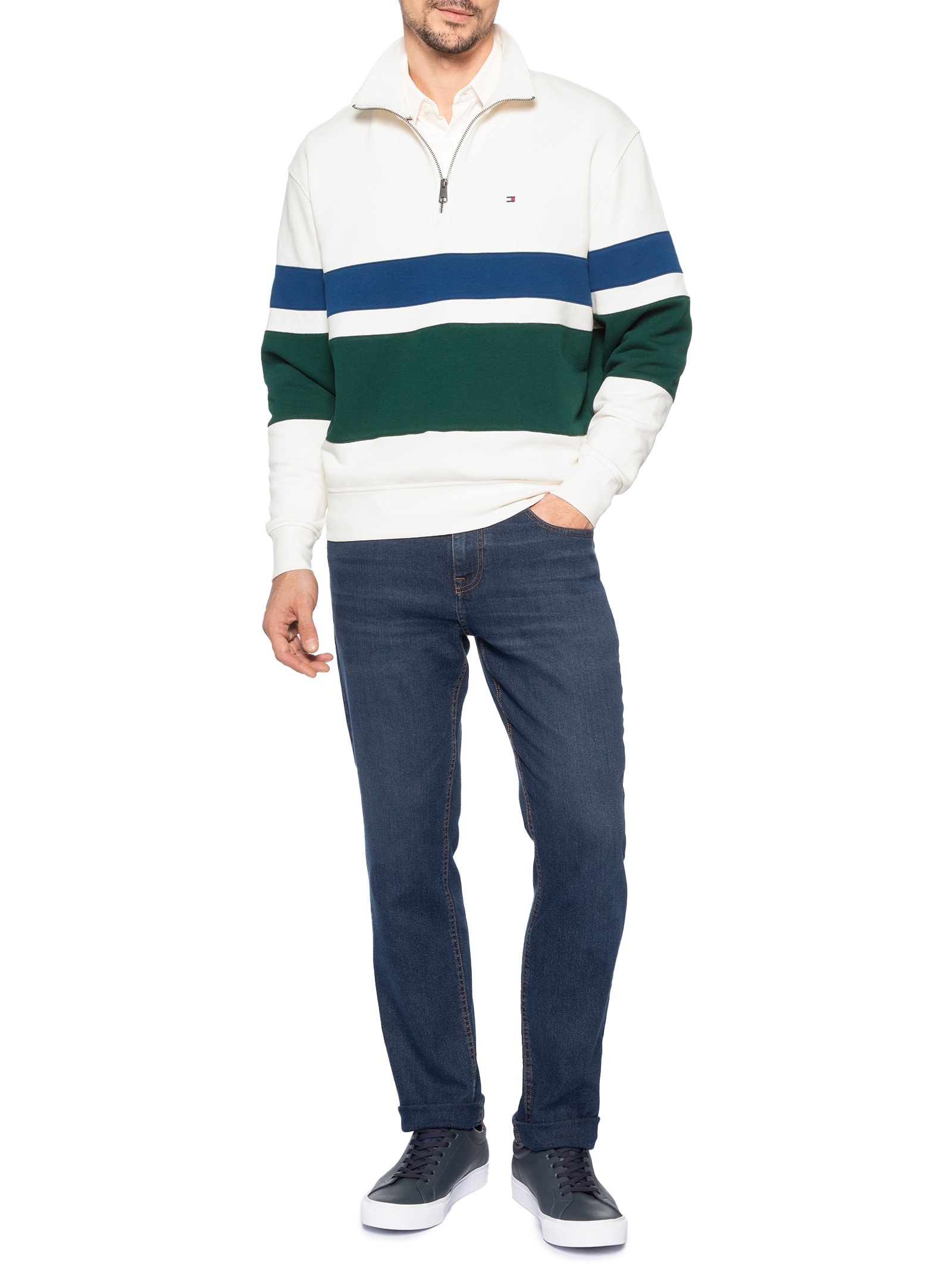 Casaco Moletom Masculino Gola Alta Meio Zíper Country Club Branco Tommy Hilfiger