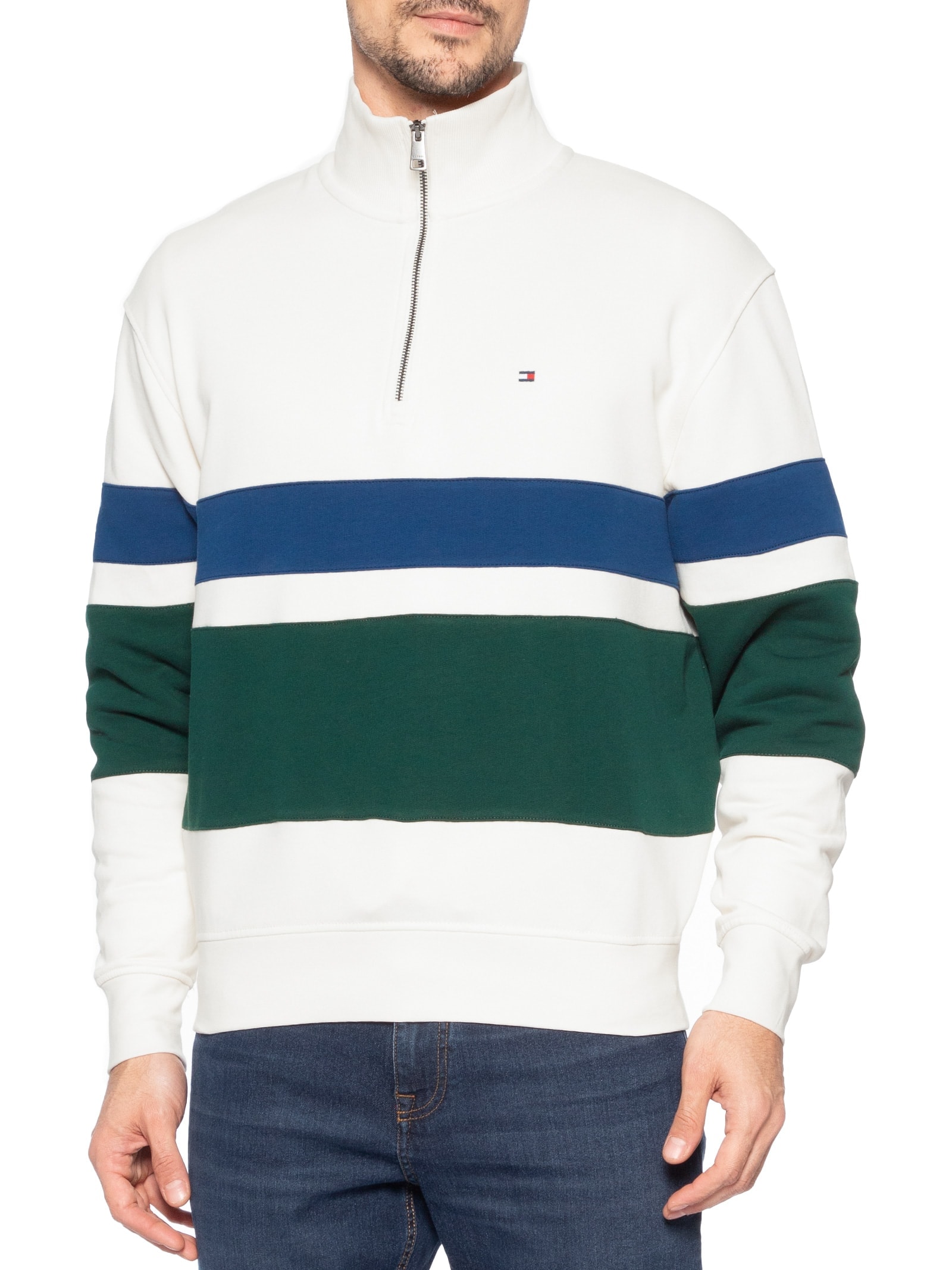 Casaco Moletom Masculino Gola Alta Meio Zíper Country Club Branco Tommy Hilfiger