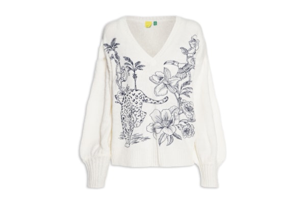 Casaco Pullover Feminino Tricot Bordado Delicadeza – Off White